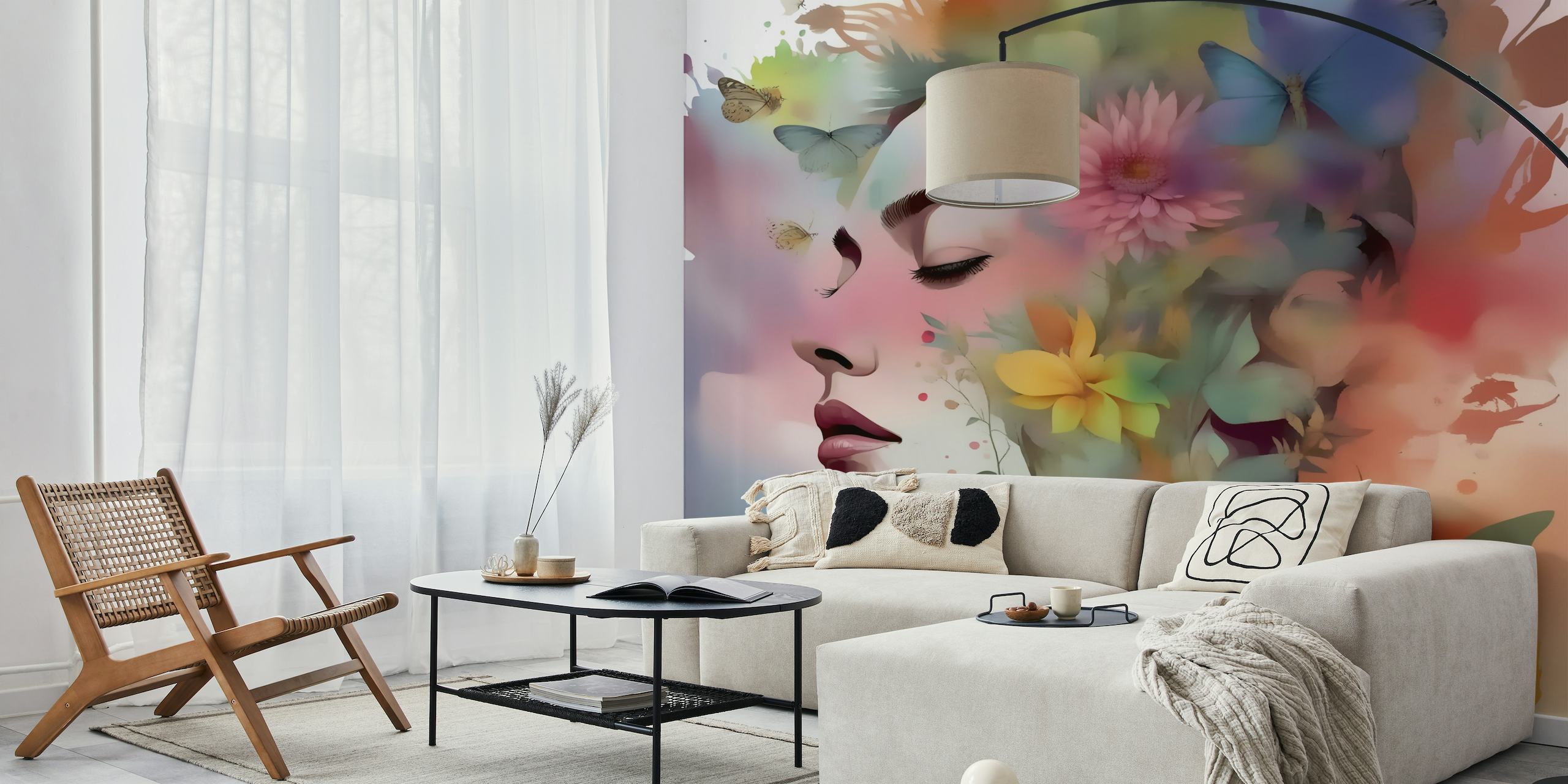 Boho style wall mural with female silhouette and watercolor flowers