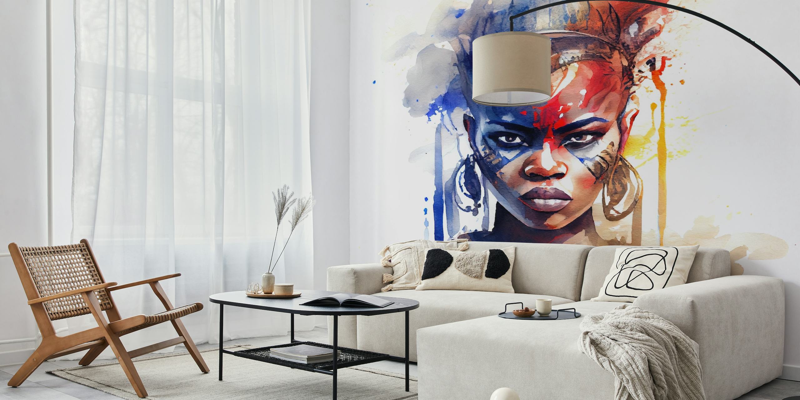 Aquarelle représentant une femme guerrière africaine aux couleurs vibrantes et aux motifs traditionnels