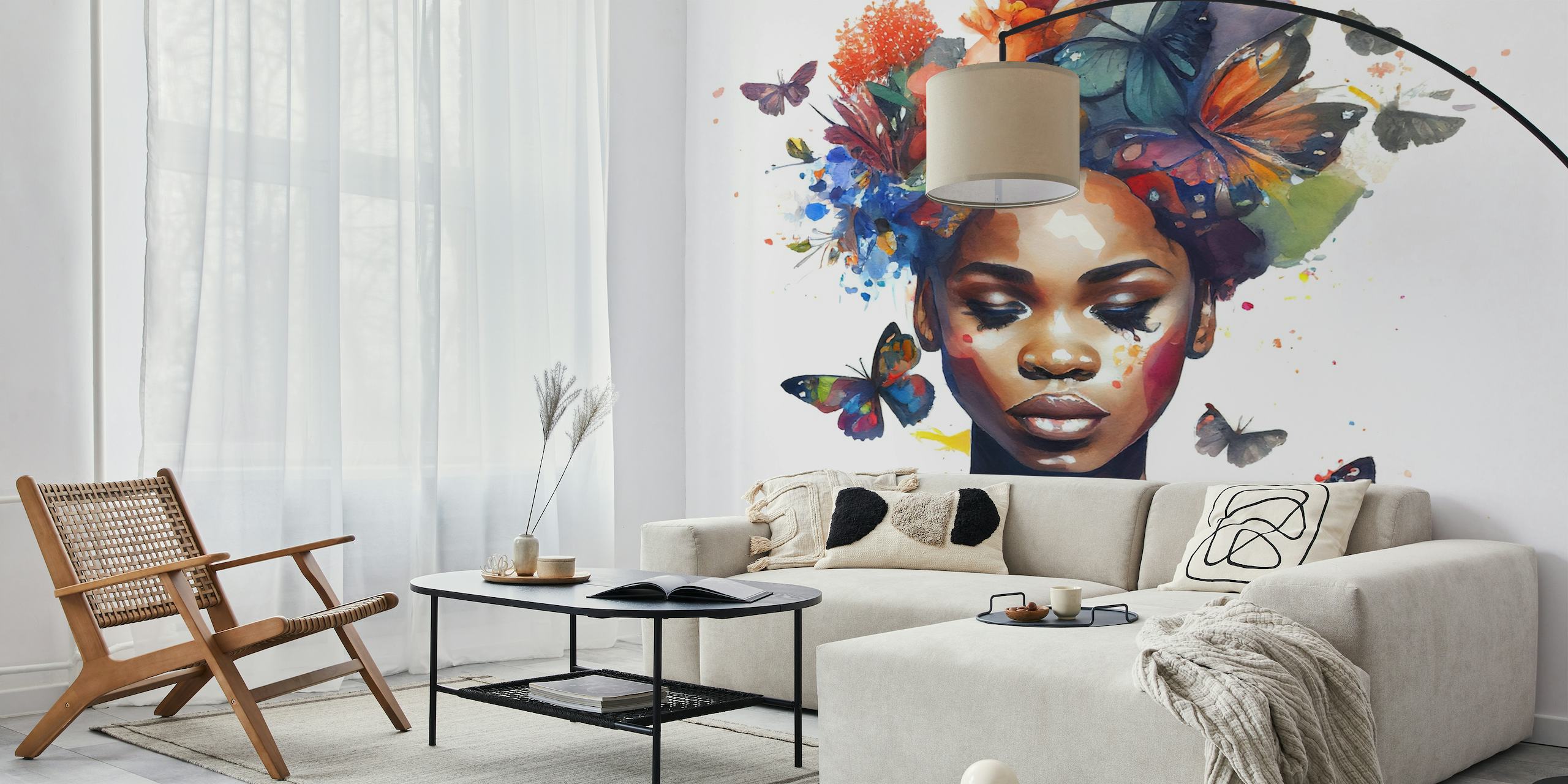 Artystyczny akwarelowy mural przedstawiający Afrykankę z motylami