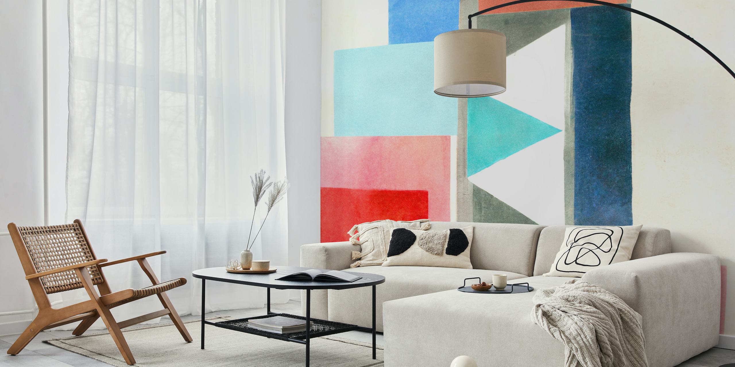 Abstract geometric watercolor wall mural with soft tones and bold accents