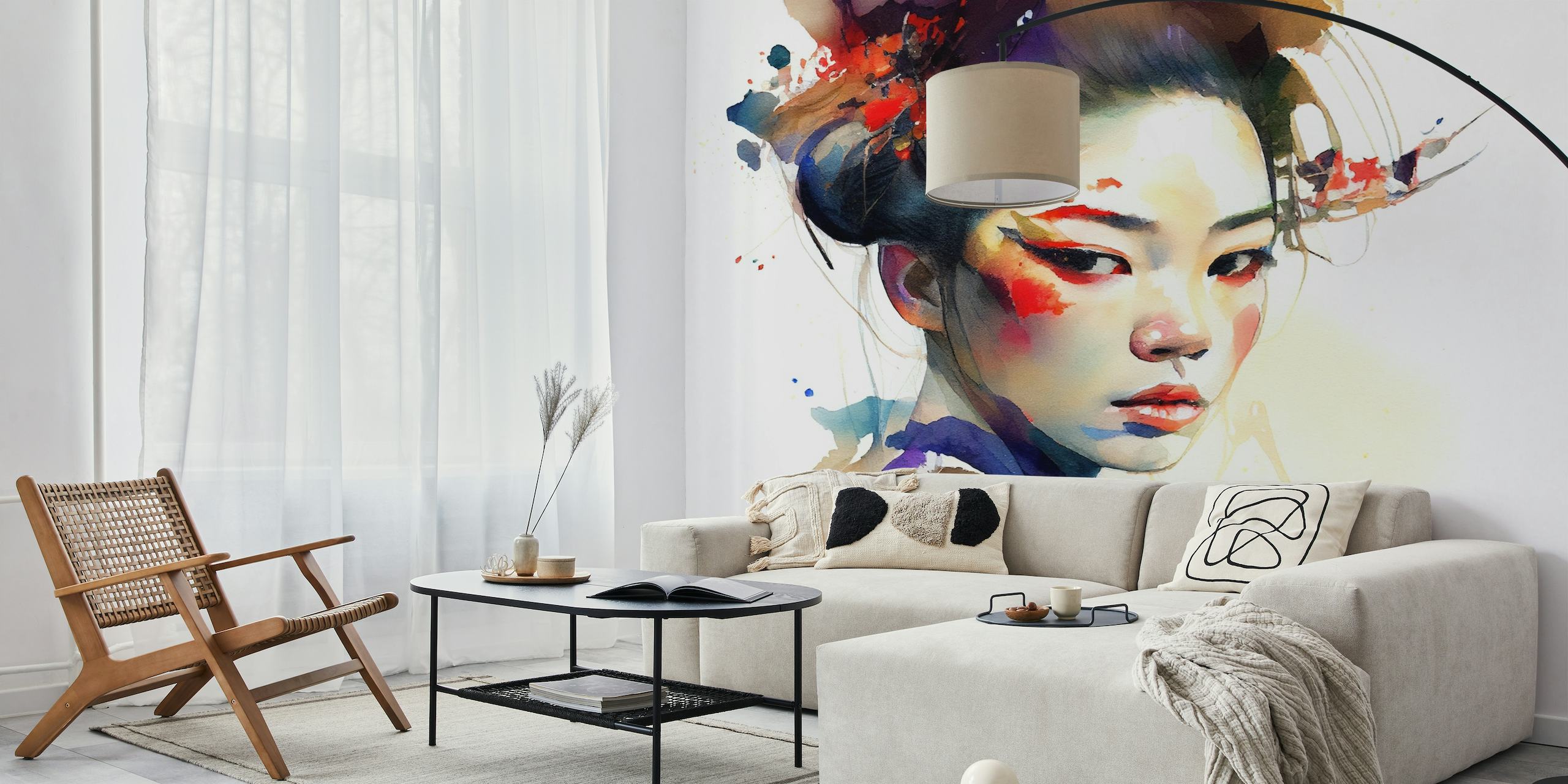 Aquarel moderne Geisha-kunstmuurschildering met abstracte, kleurrijke penseelstreken