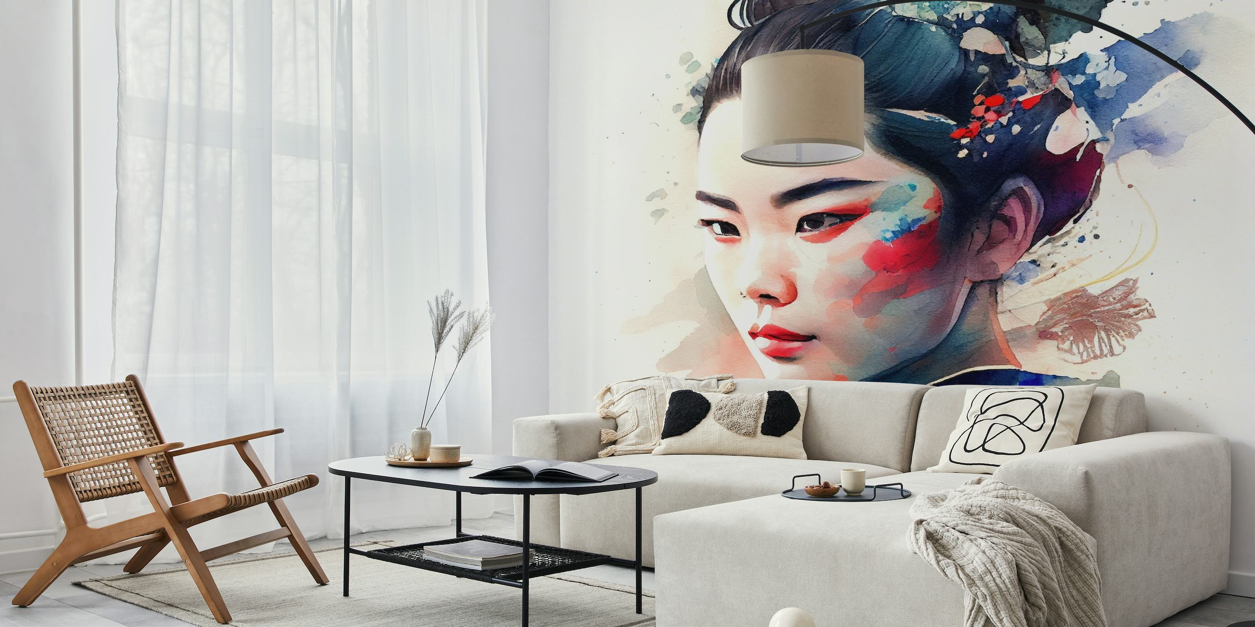 Akvarellveggmaleri av en moderne Geisha i en rolig positur med en levende blanding av farger.