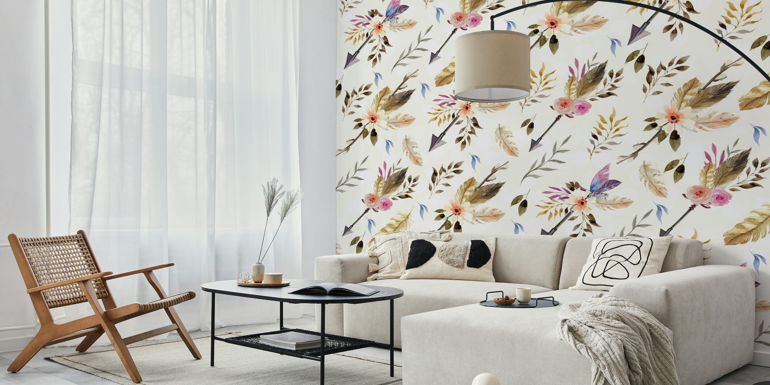 Fotomural vinílico de parede floral em estilo boêmio com cores pastéis suaves e padrões naturais intrincados