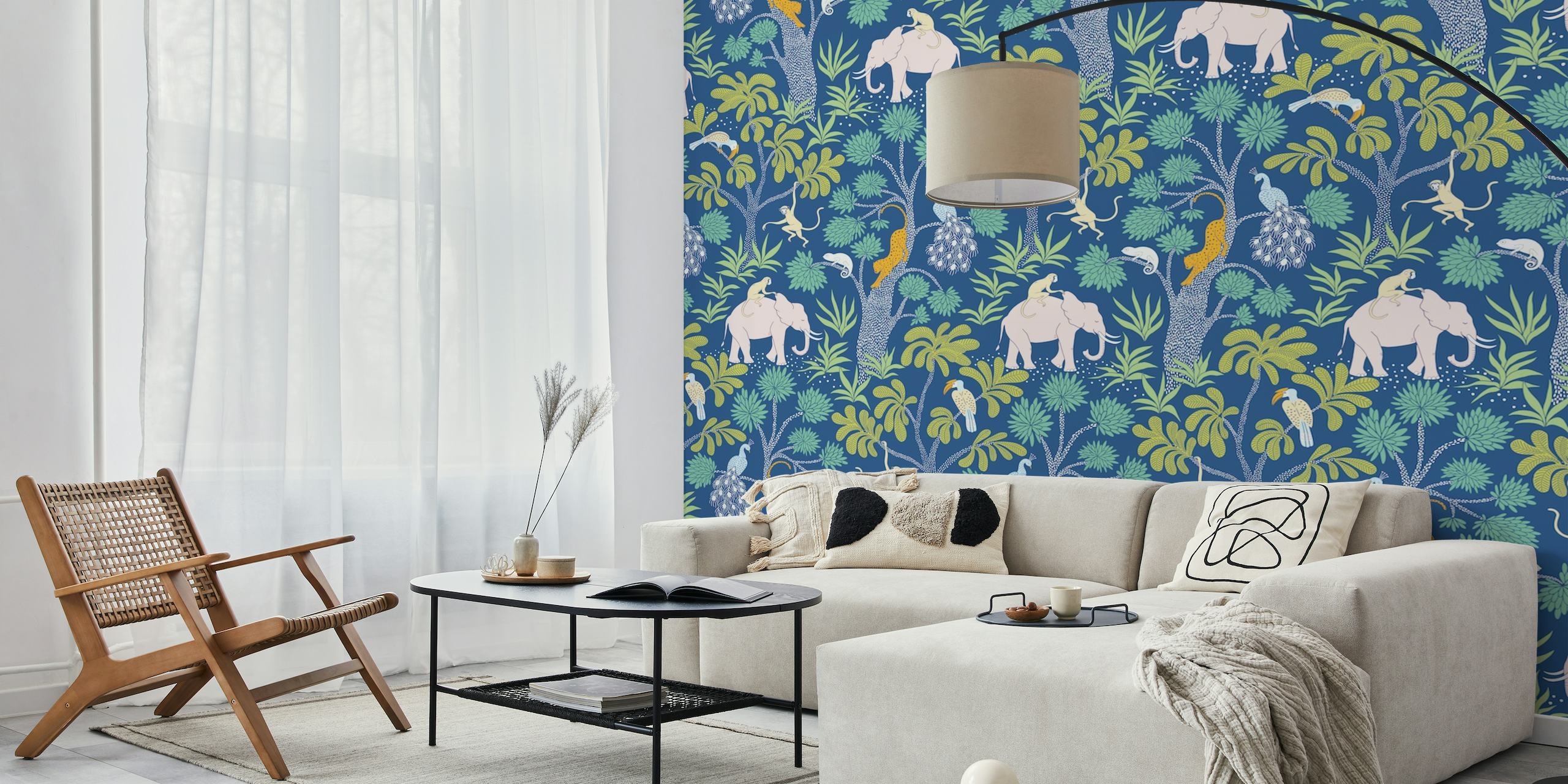 Kleurrijke muurschildering met olifantenjunglepatroon van Happywall