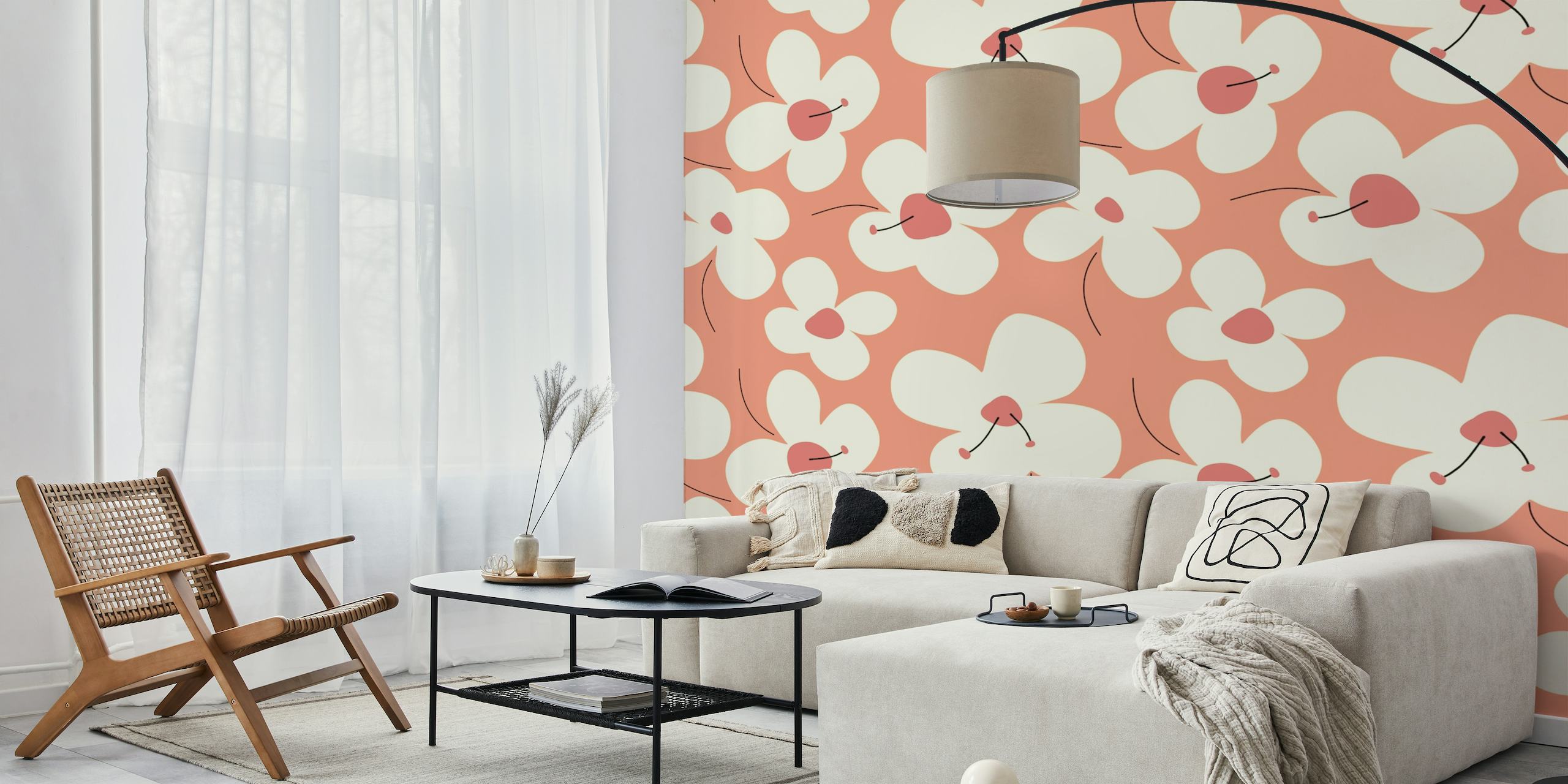 Oversized white floral blooms on a warm coral background wall mural