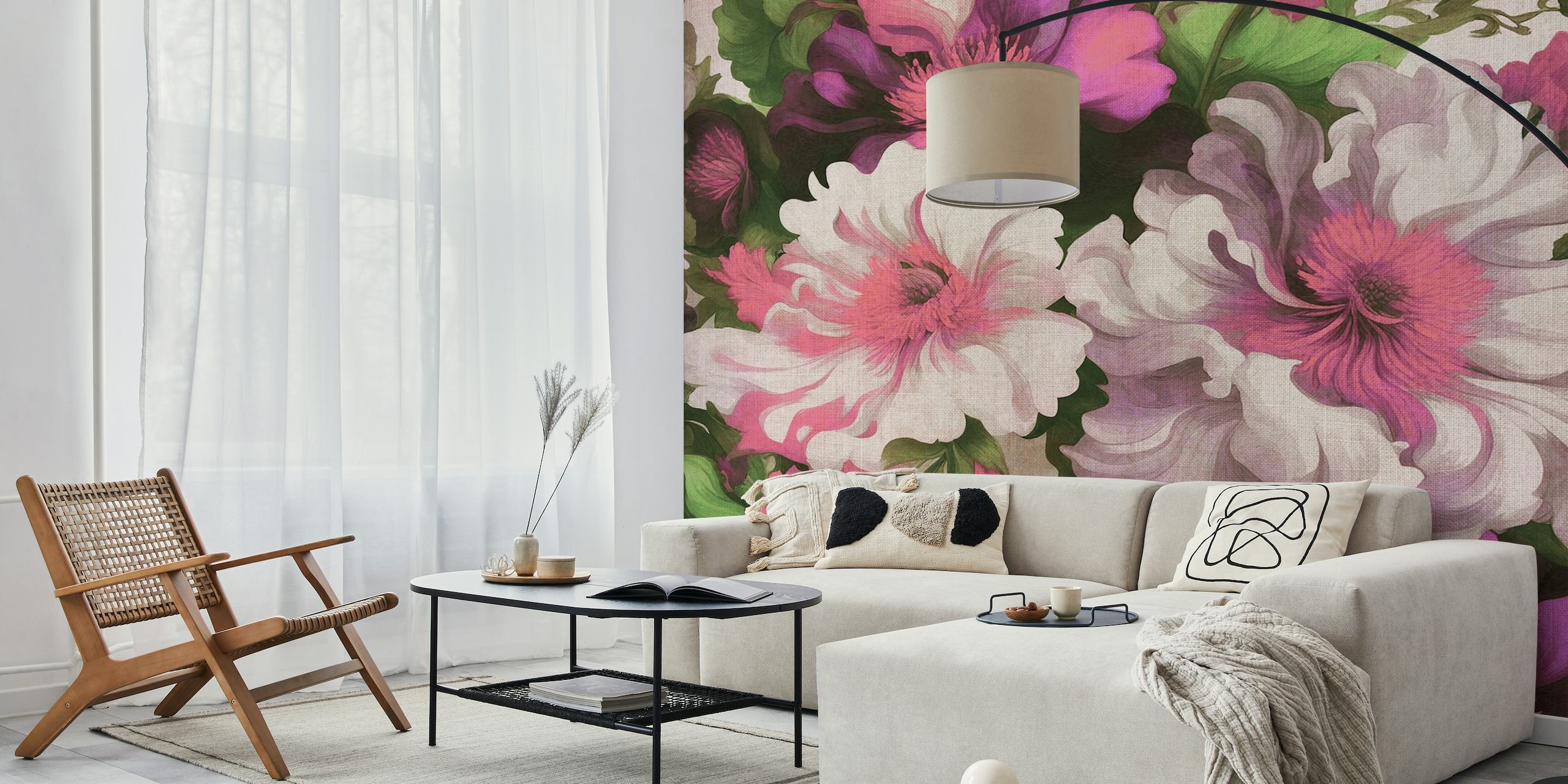 Elegant pink and white baroque floral wall mural