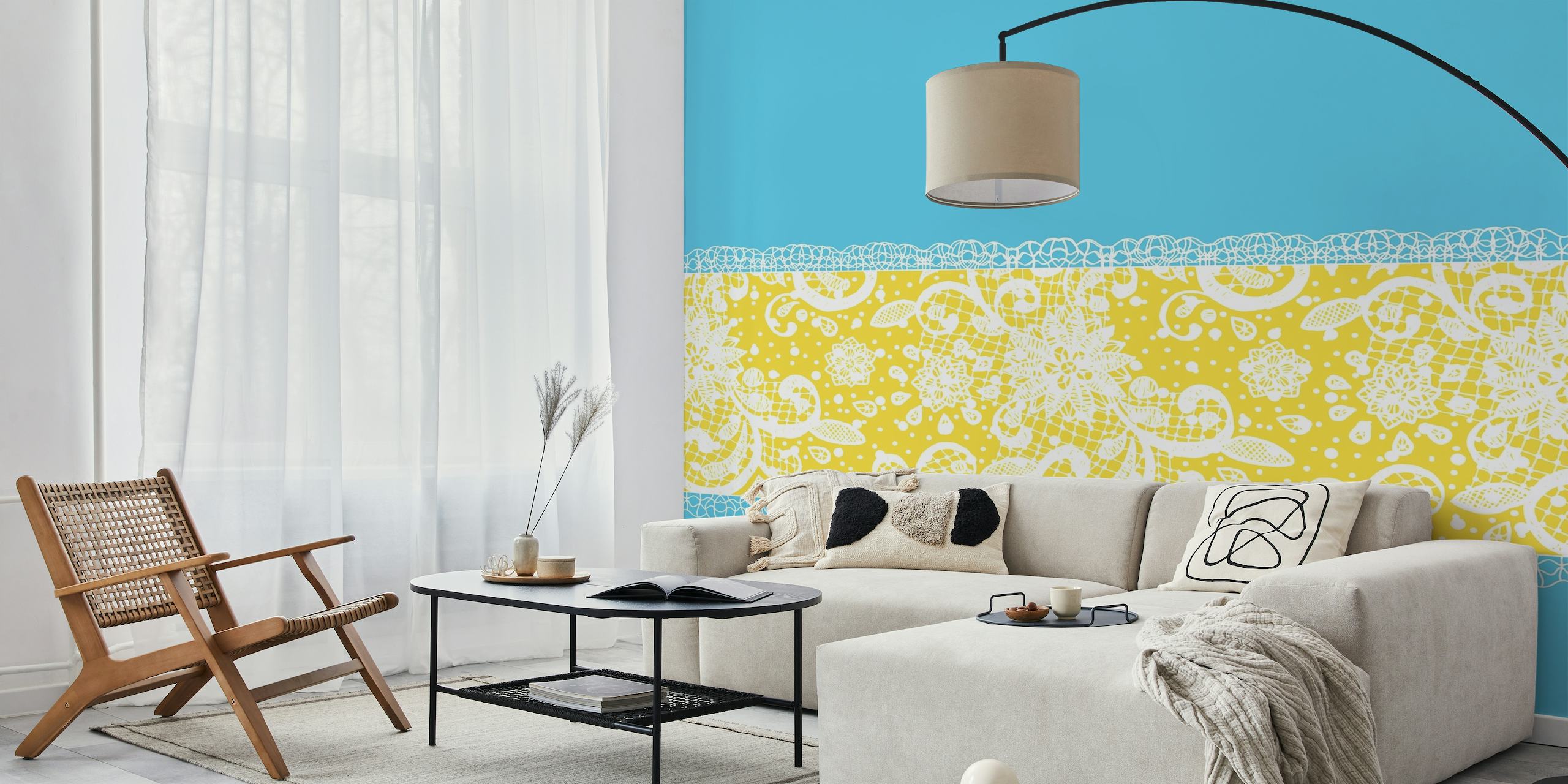 Papier peint mural à rayures en dentelle bleue et jaune avec des motifs complexes