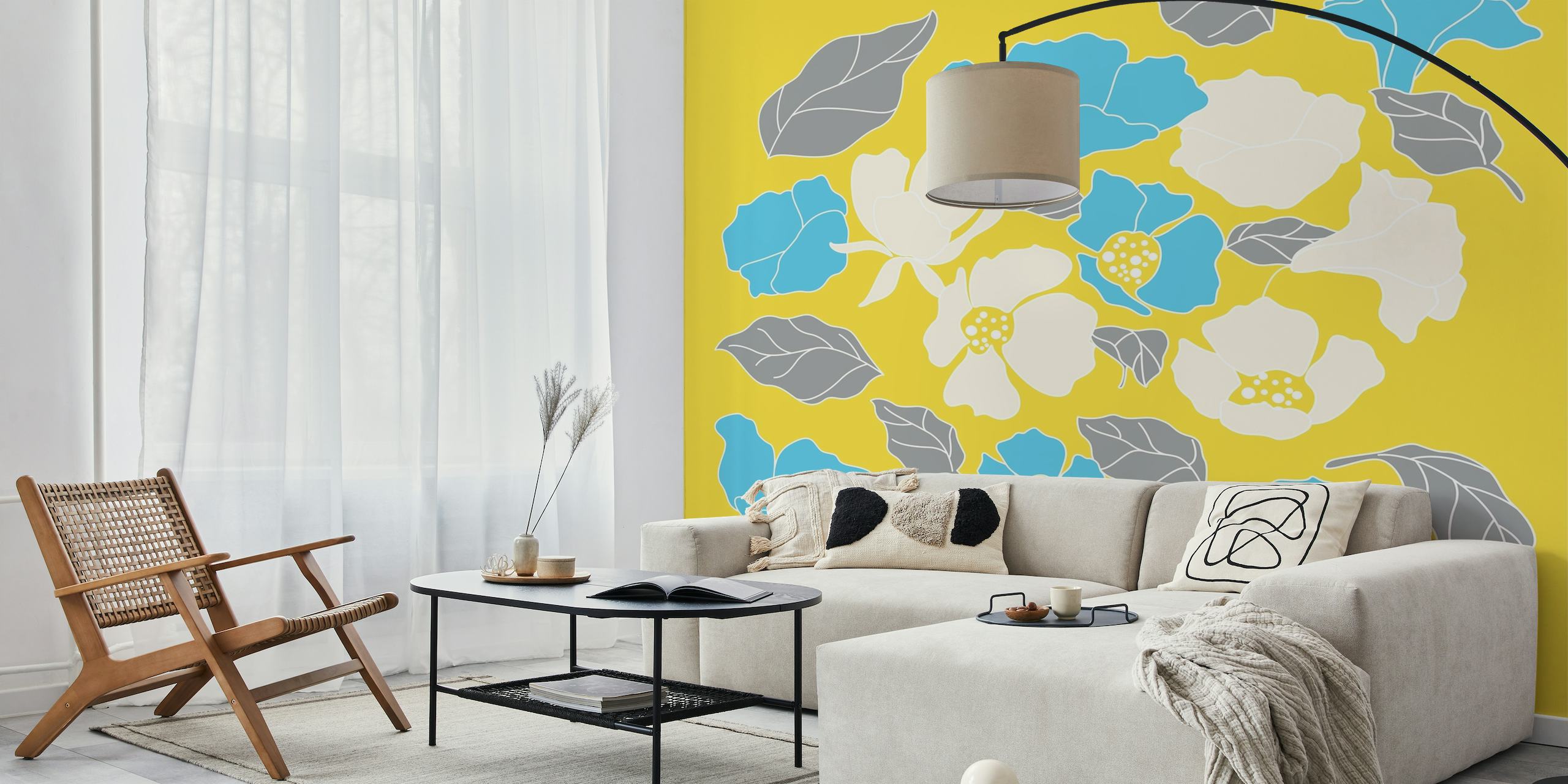 Floral Pattern modern style grey blue yellow papel de parede