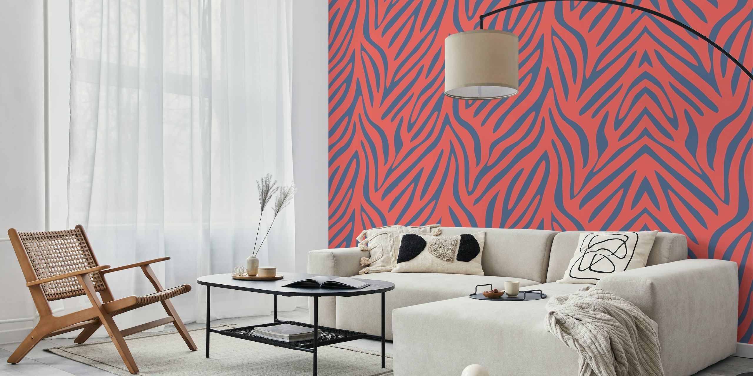 Coral red navy blue zebra print wallpaper