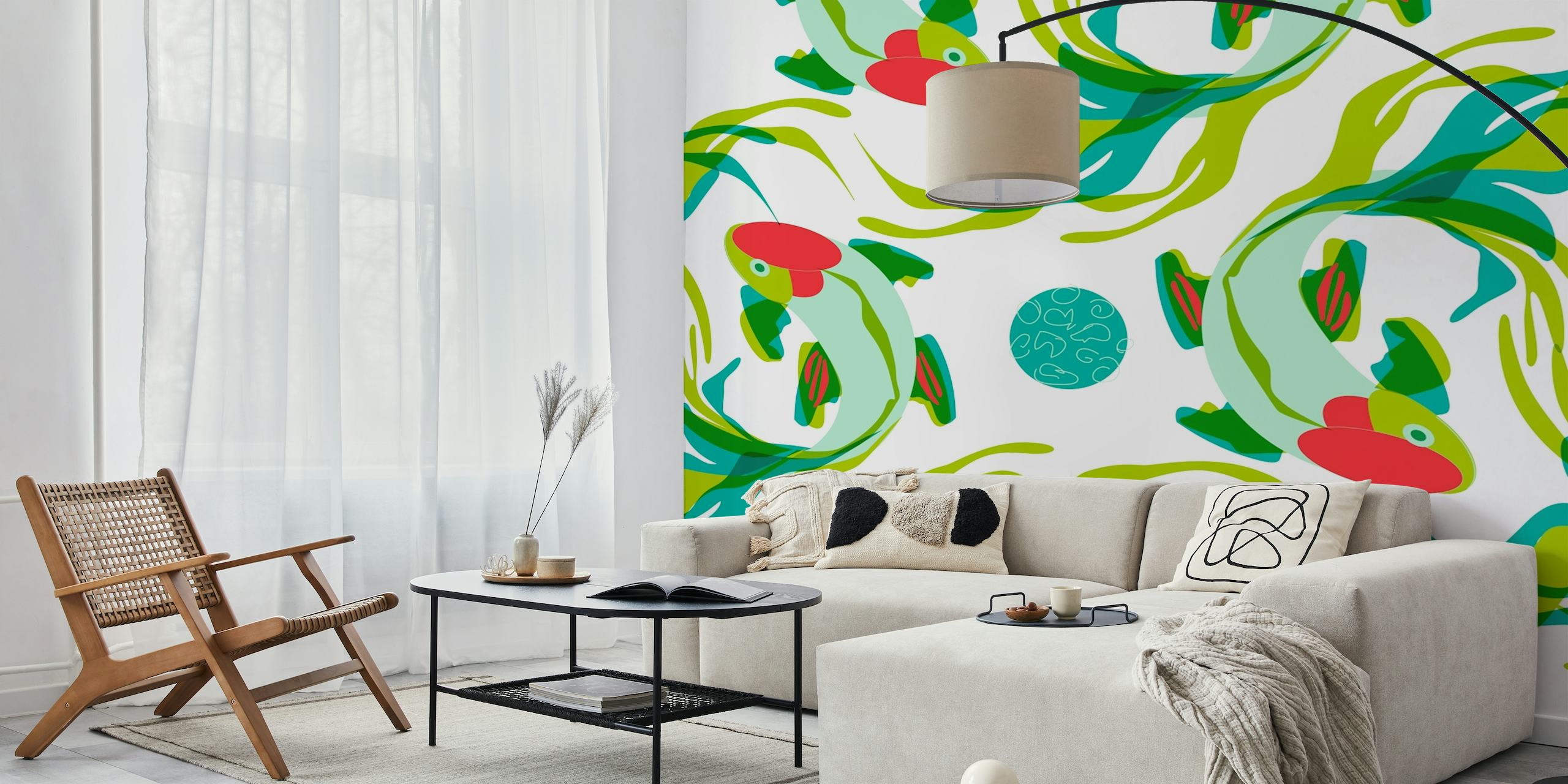 Artistic koi fish and greenery wall mural for tranquil interior decor.