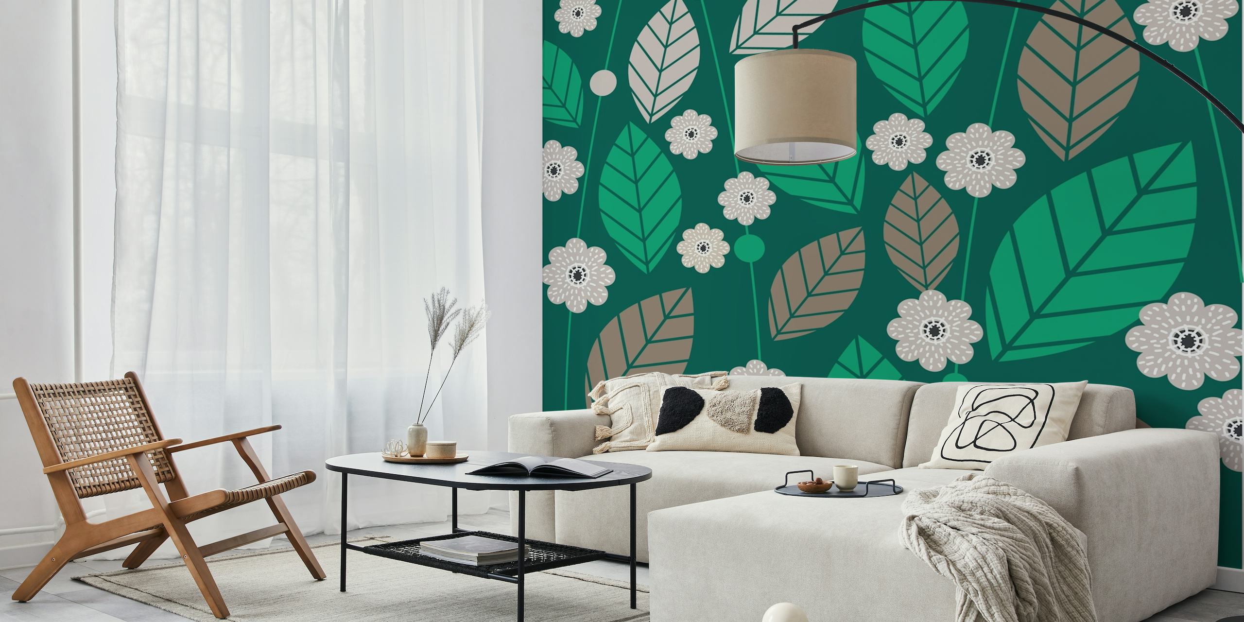 Forest Green Leaves Flowers Pattern wall mural featuring green foliage and white flowers on a dark background.