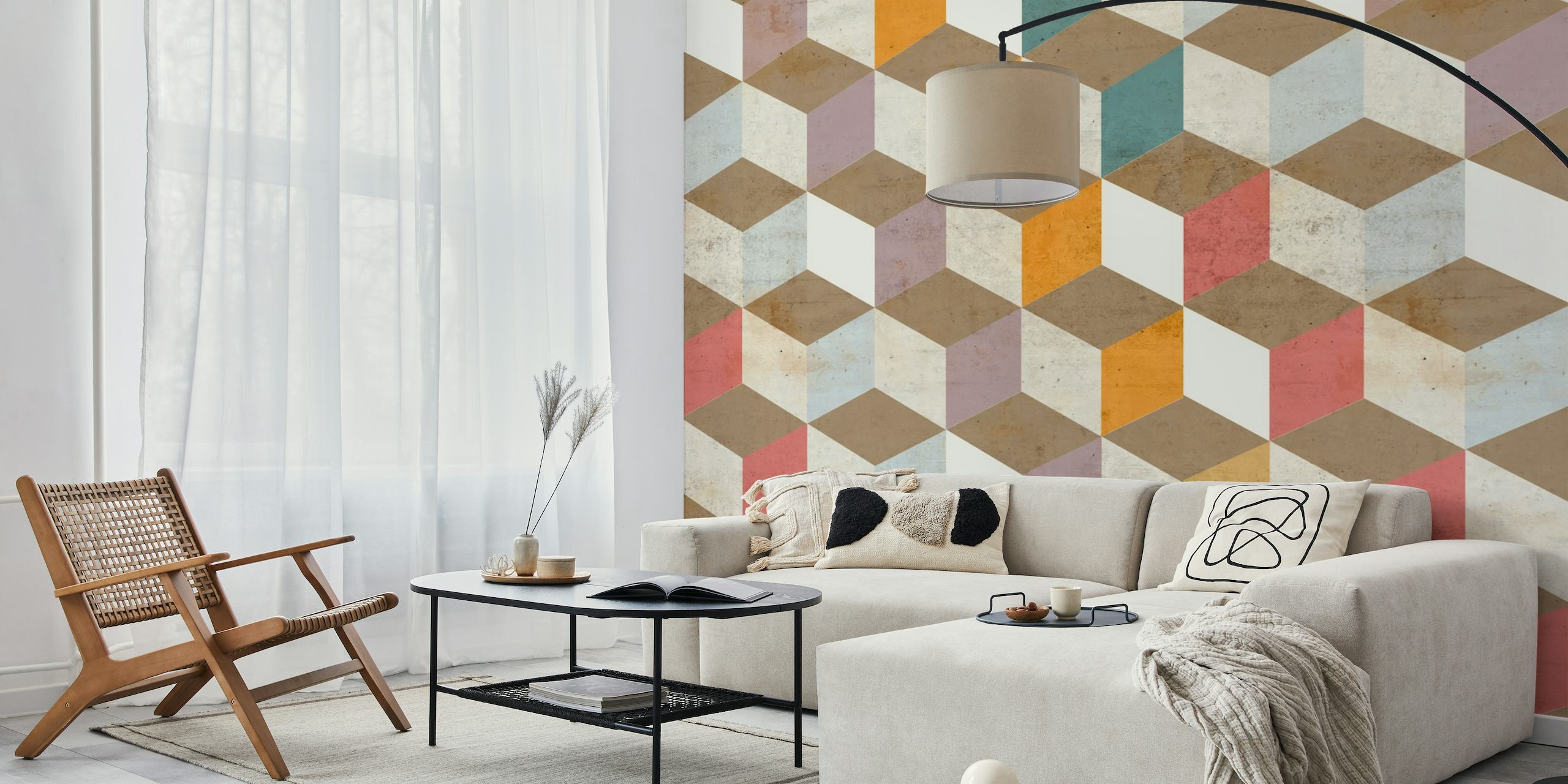 Geometrische thema muurschildering met een mix van gedempte kleuren en patronen