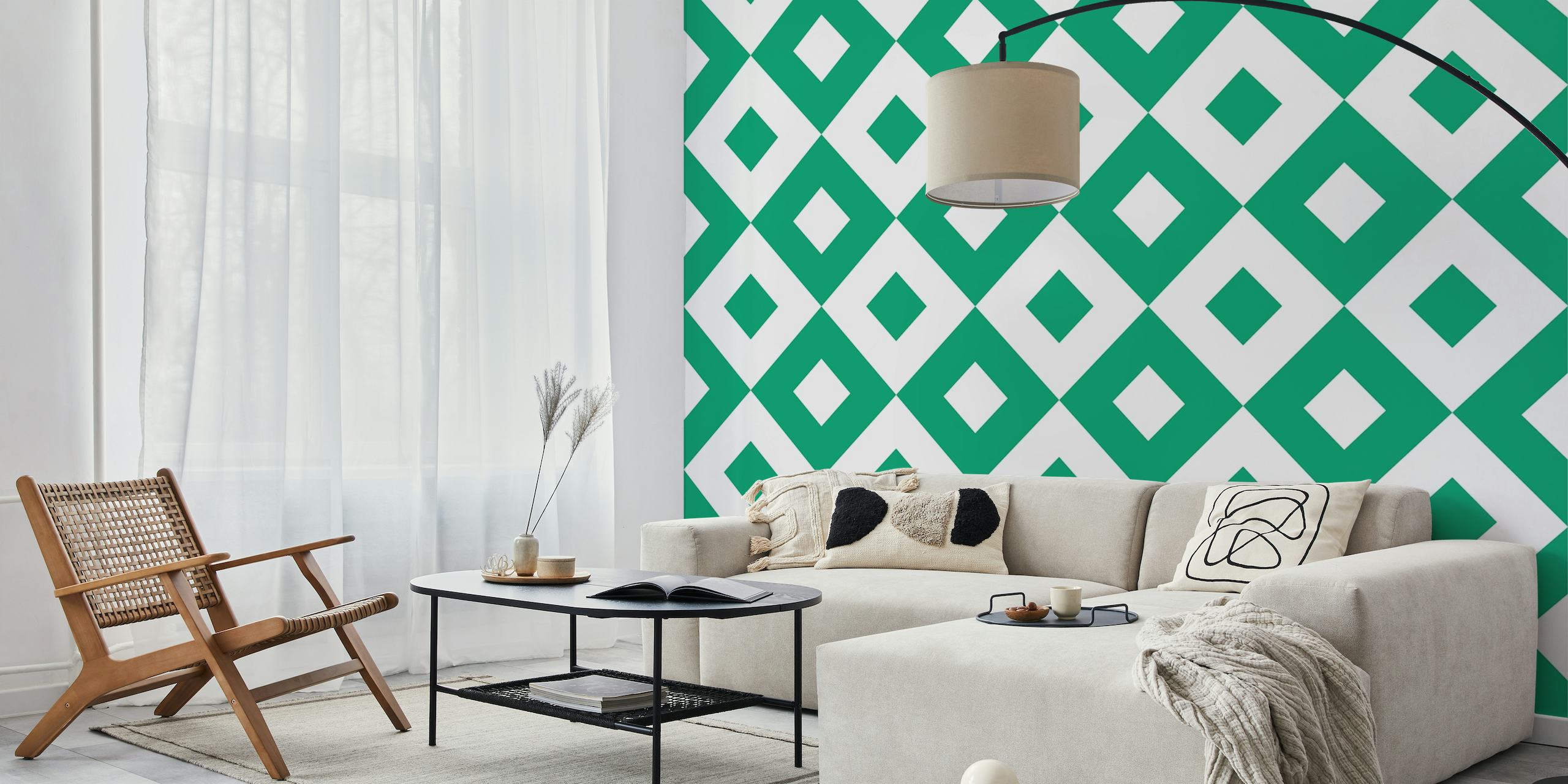 Diamonds pattern design in green and white behang