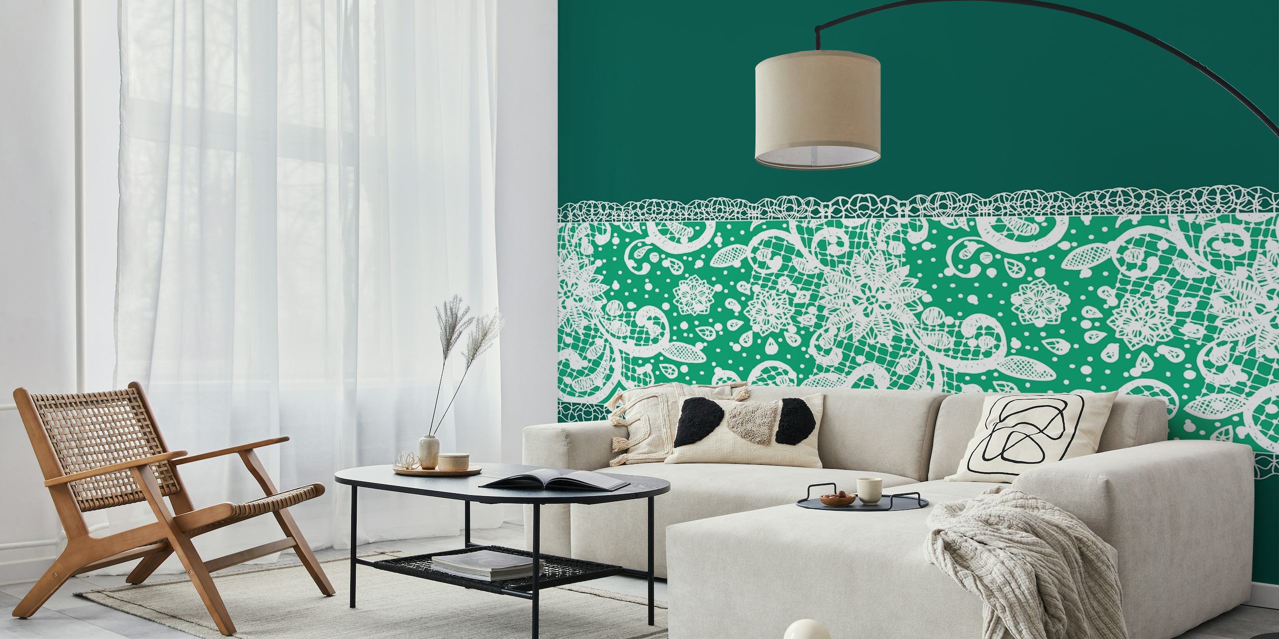 Forest green jade white lace papel pintado