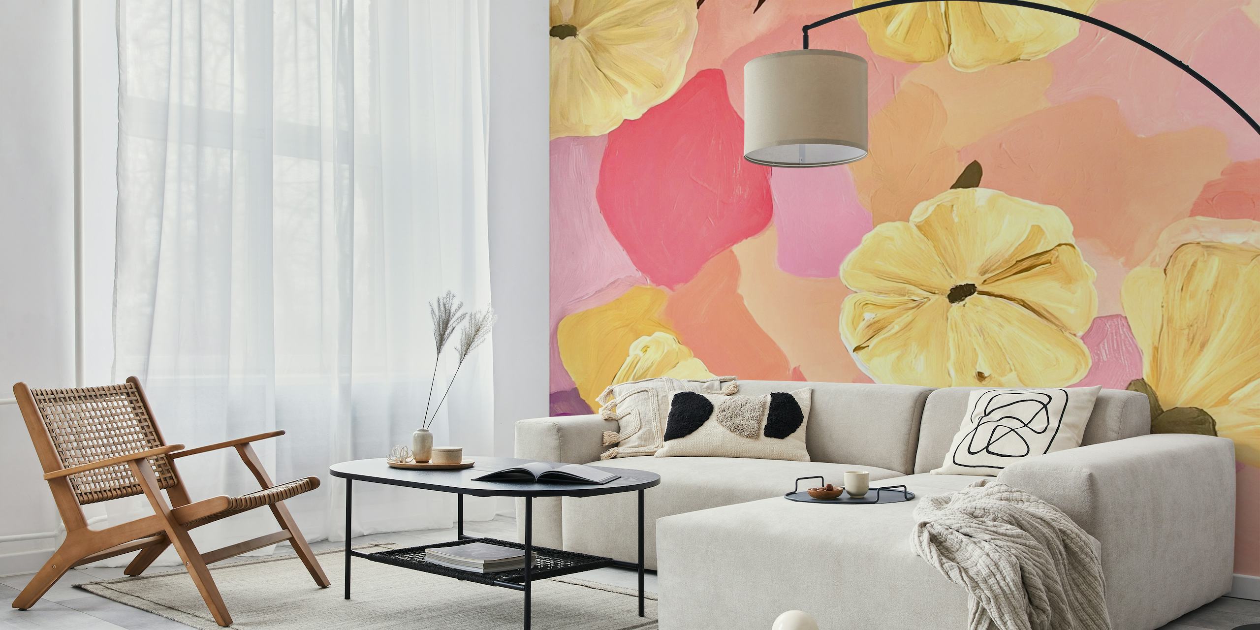 Yellow and pink floral wall mural with soft pastel background