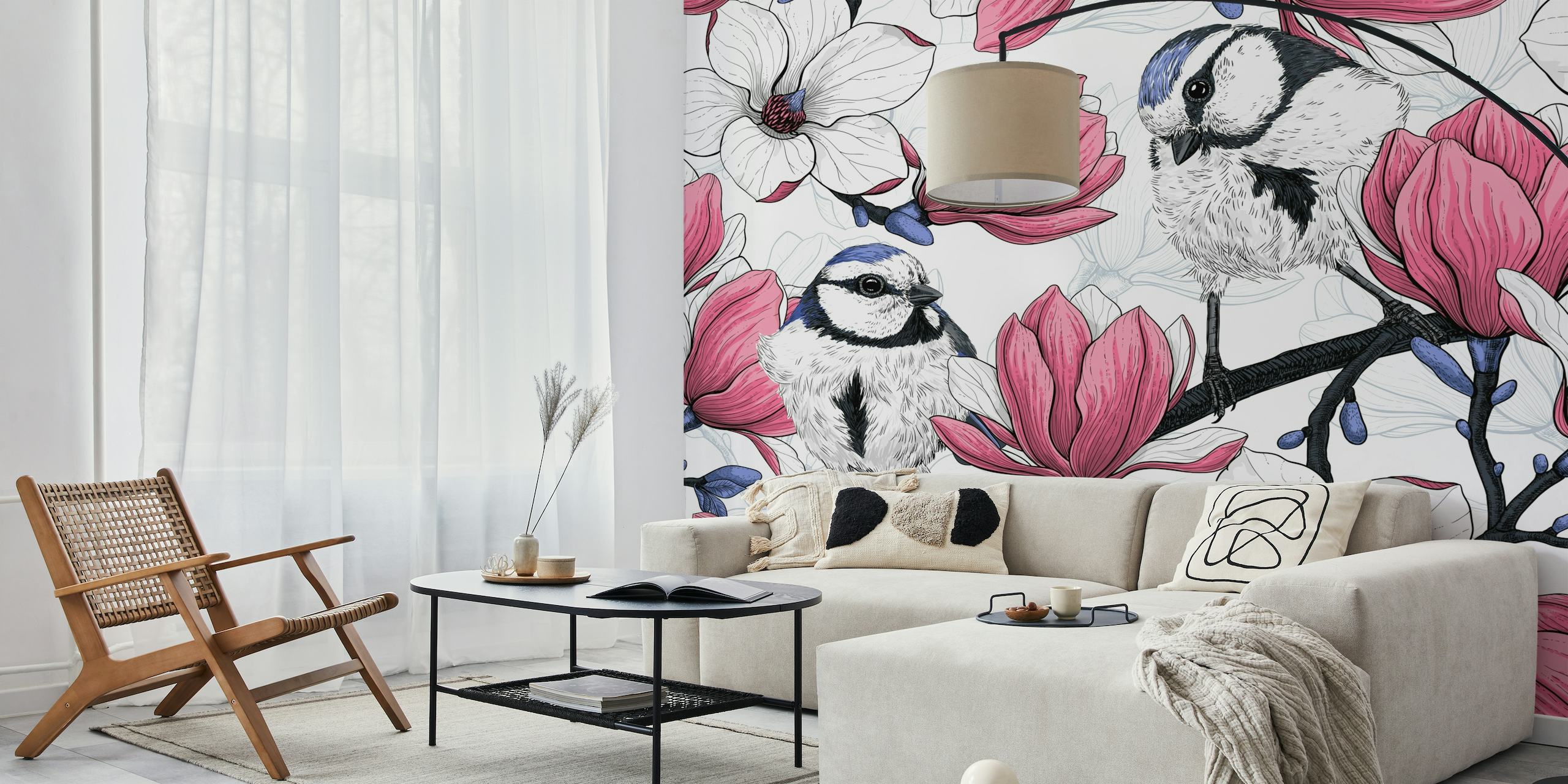 Pink and white floral wall mural with songbirds