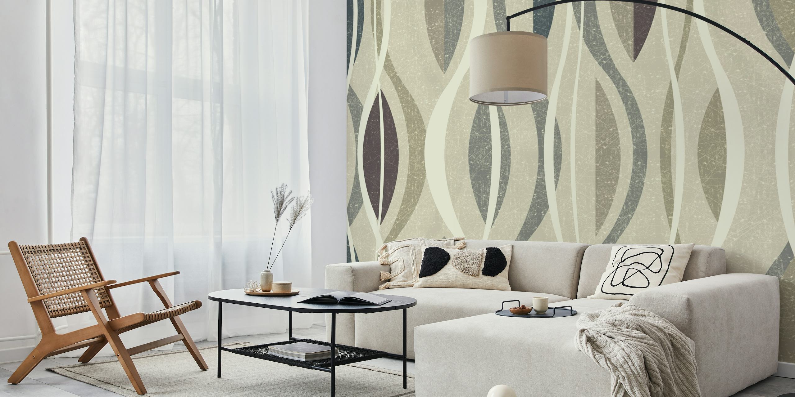 Abstract organic shapes wall mural in neutral tones with hints of deeper blues and purples