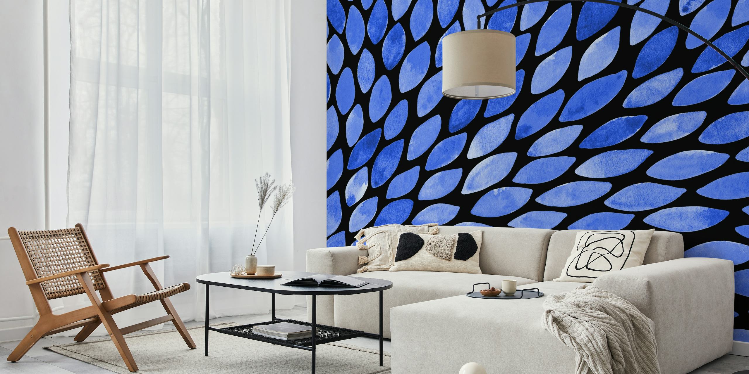 Electric blue watercolor pattern resembling an array of petals or feathers for a wall mural