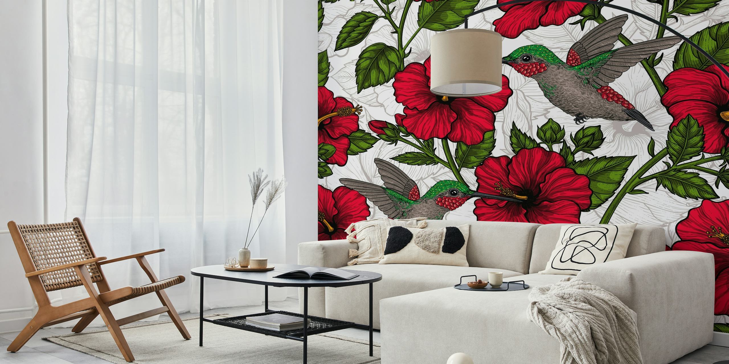 Mural de pared de hibiscos y colibríes con vibrantes flores rojas y pájaros revoloteando