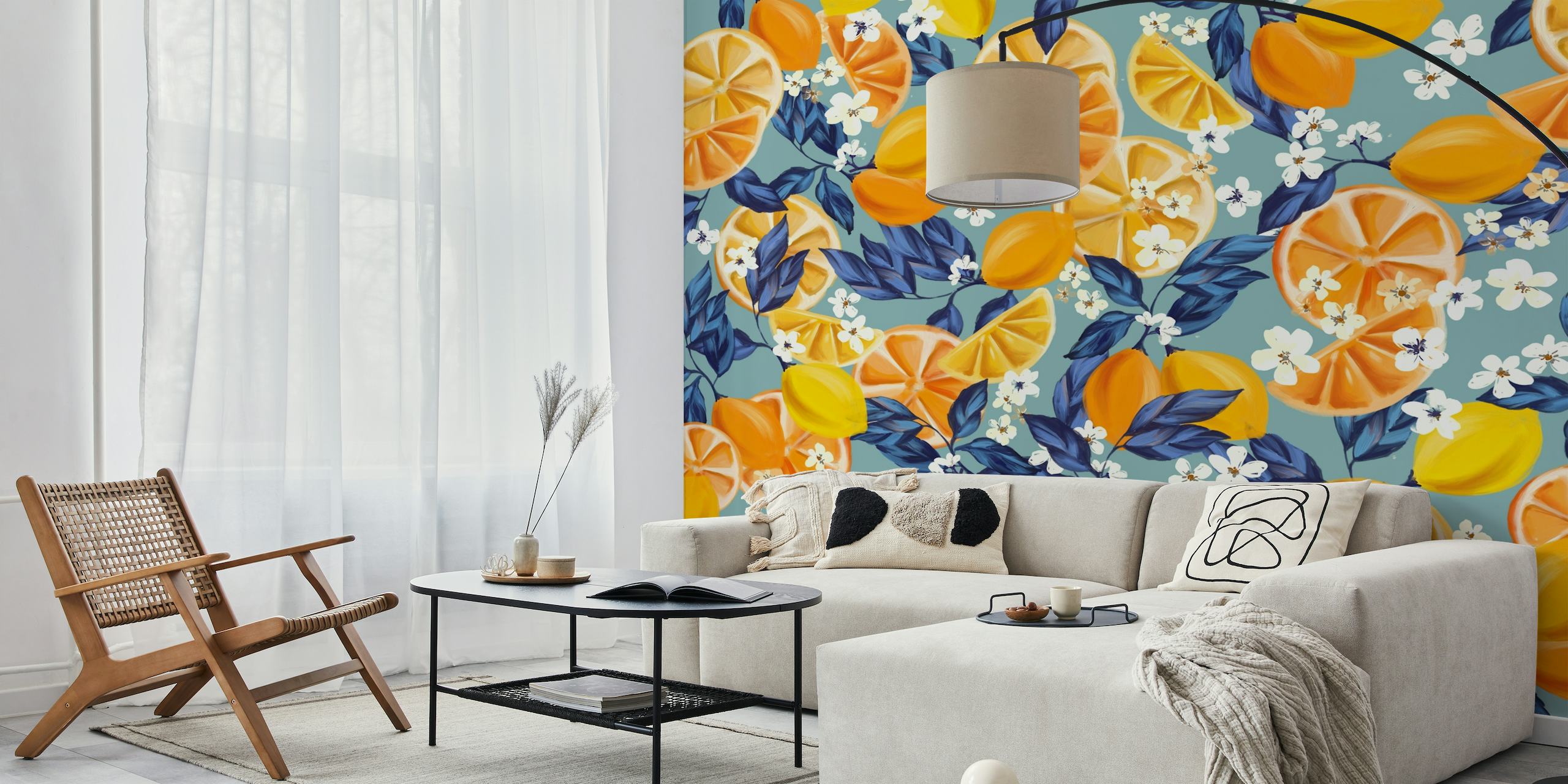 Lemon Garden vægmaleri med citrusfrugter og blomstermønster på blå baggrund