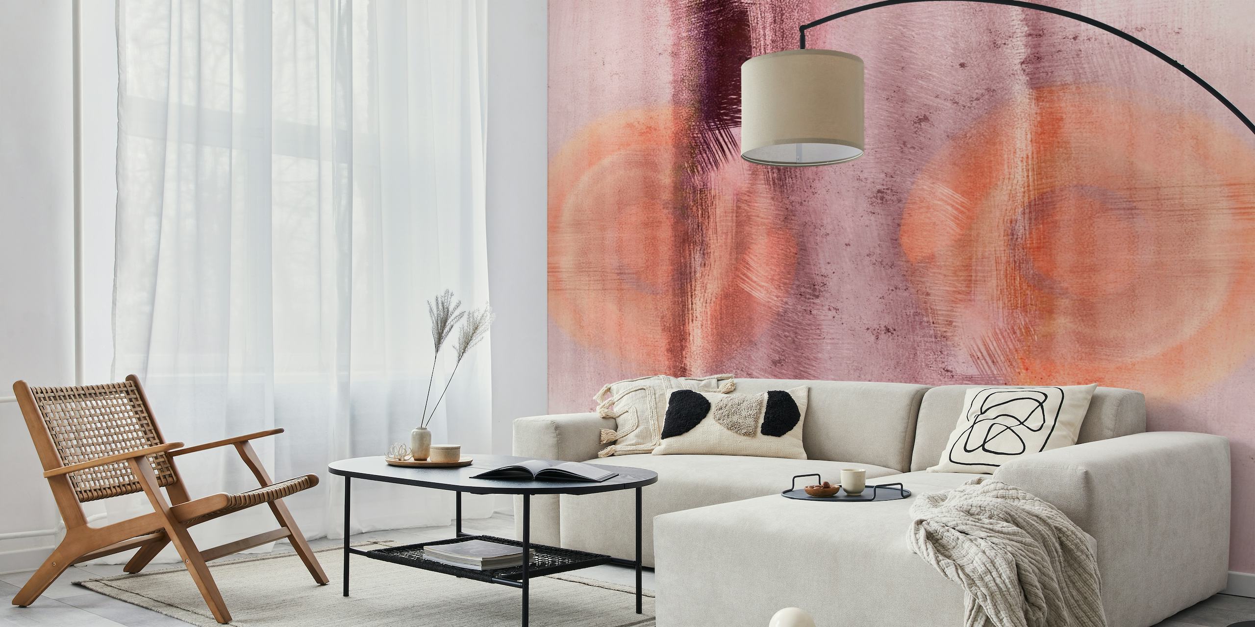 Abstract twin suns wall mural in warm hues on a textured background