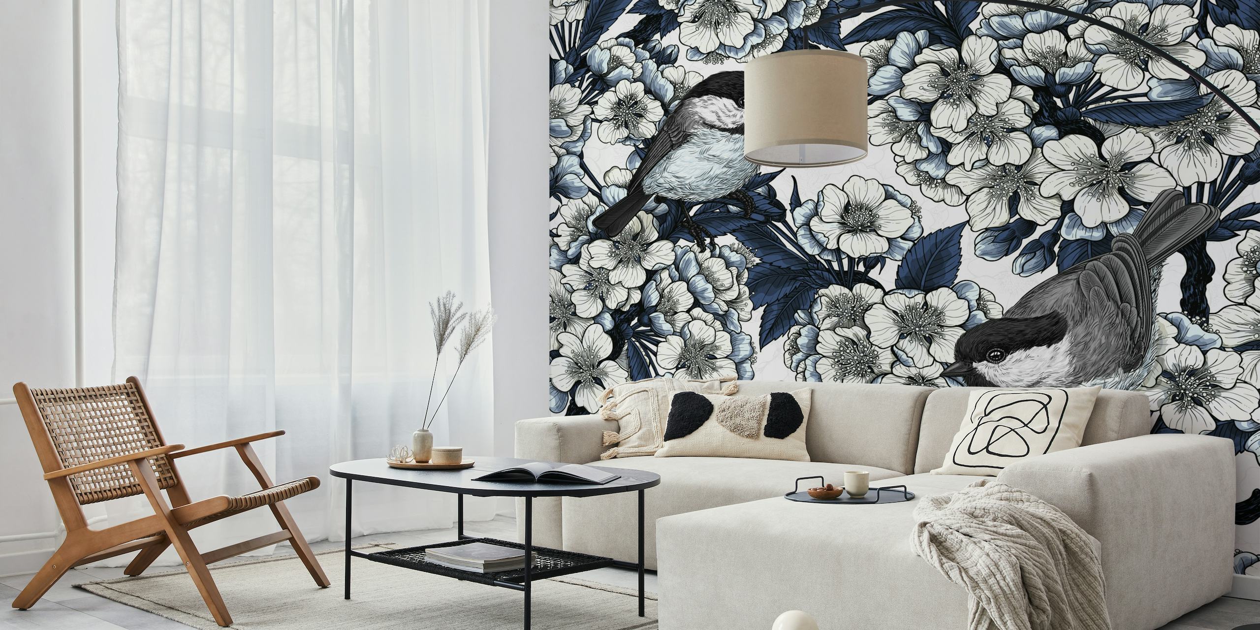 Cherry blossoms and birds, white and blue behang