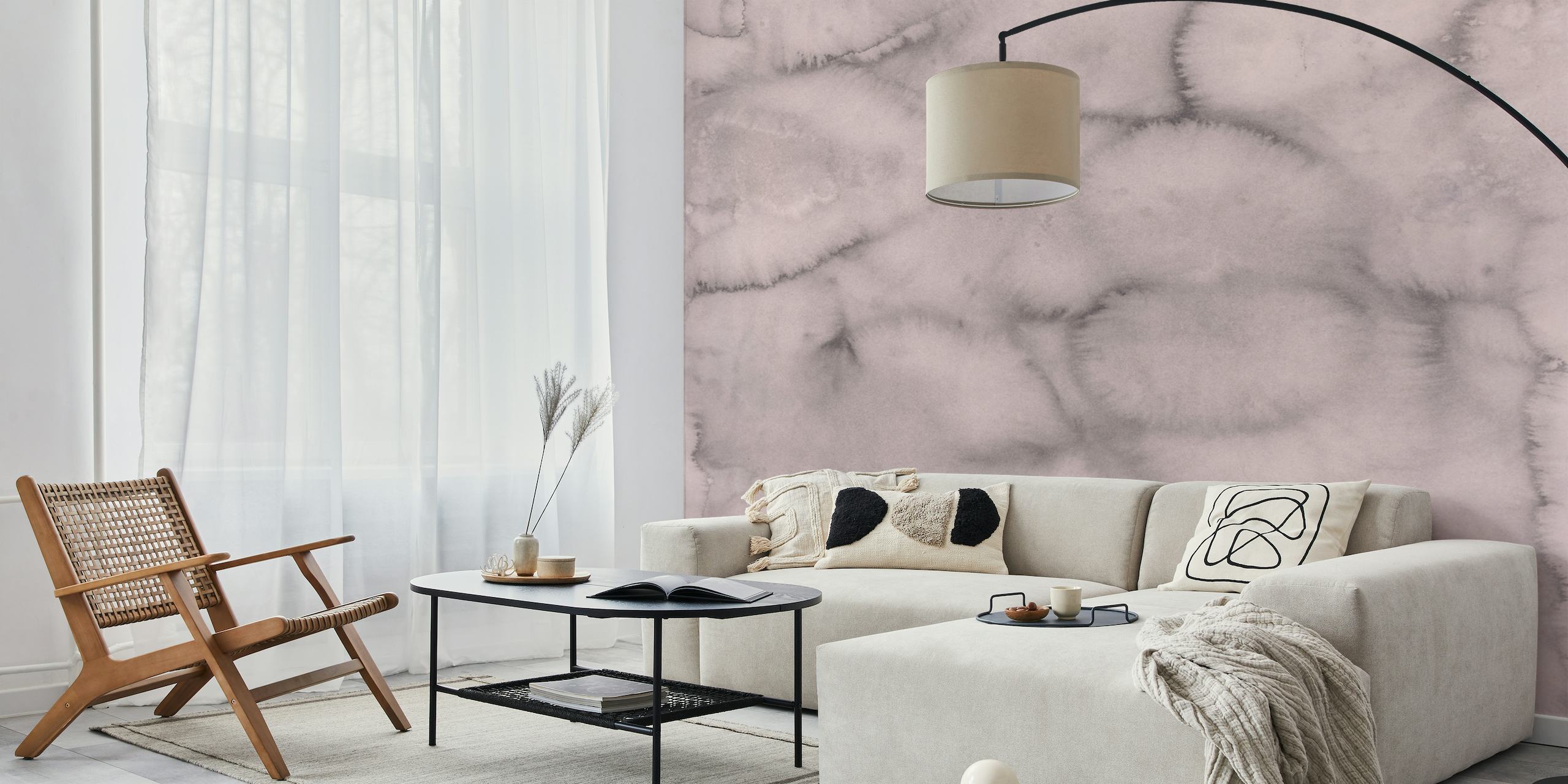 Mauve grijze muurschildering met een zachte, marmerachtige textuur in gedempte paarse en grijze tinten.