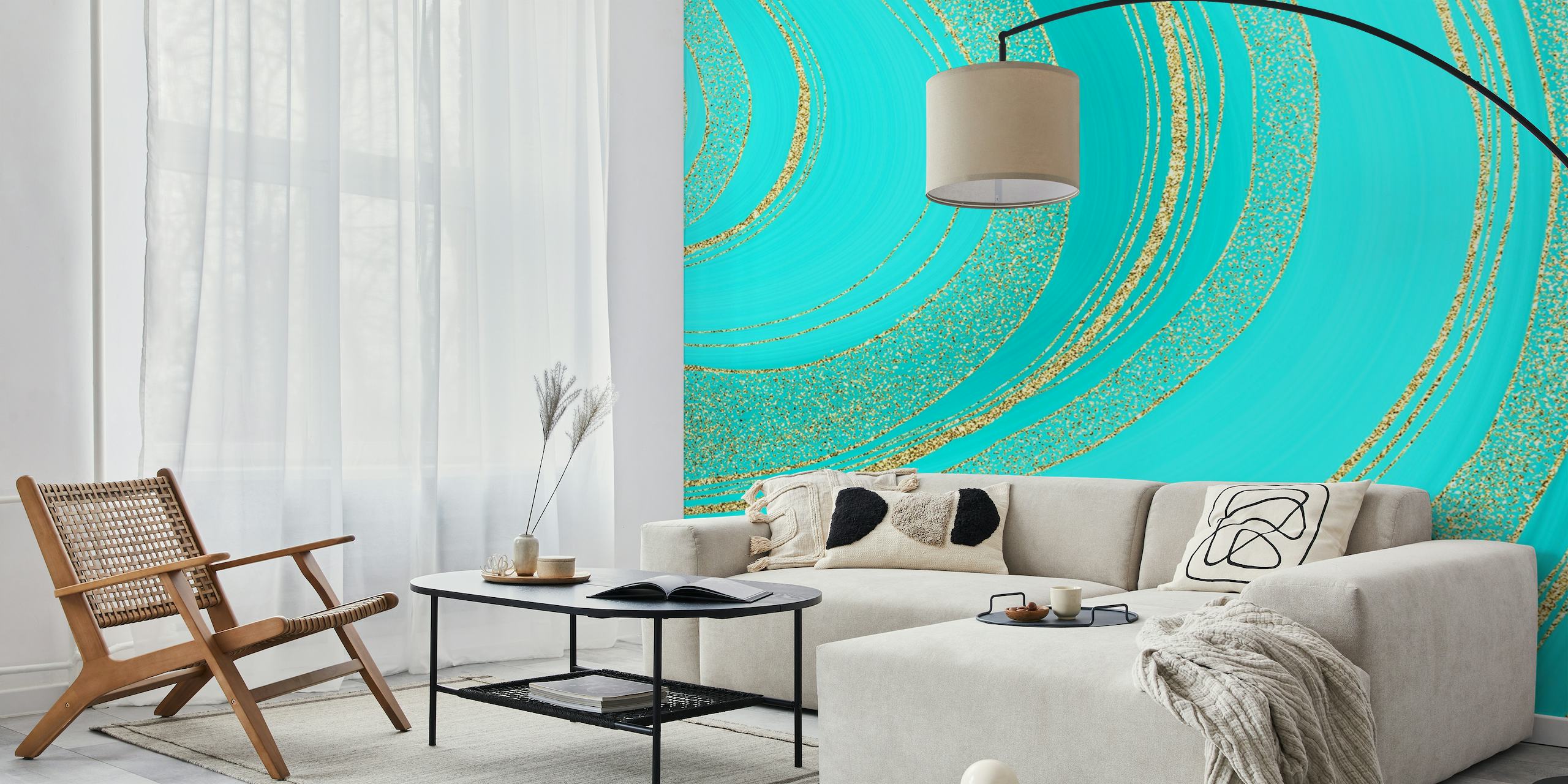 Turquoise and gold marble pattern wall mural for a serene interior
