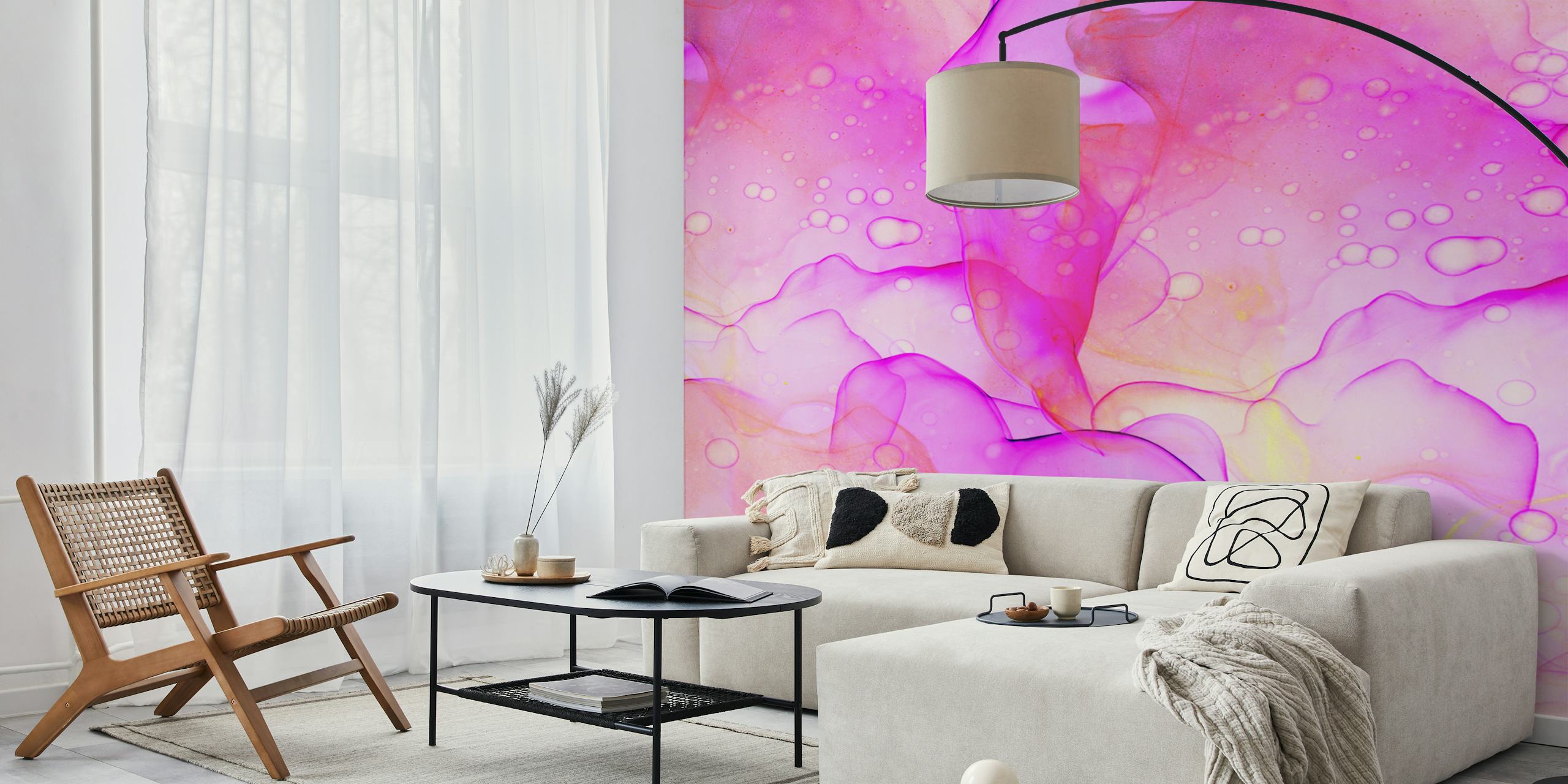 Abstract roze girly vloeibare kunst muurschildering met roze en witte tinten