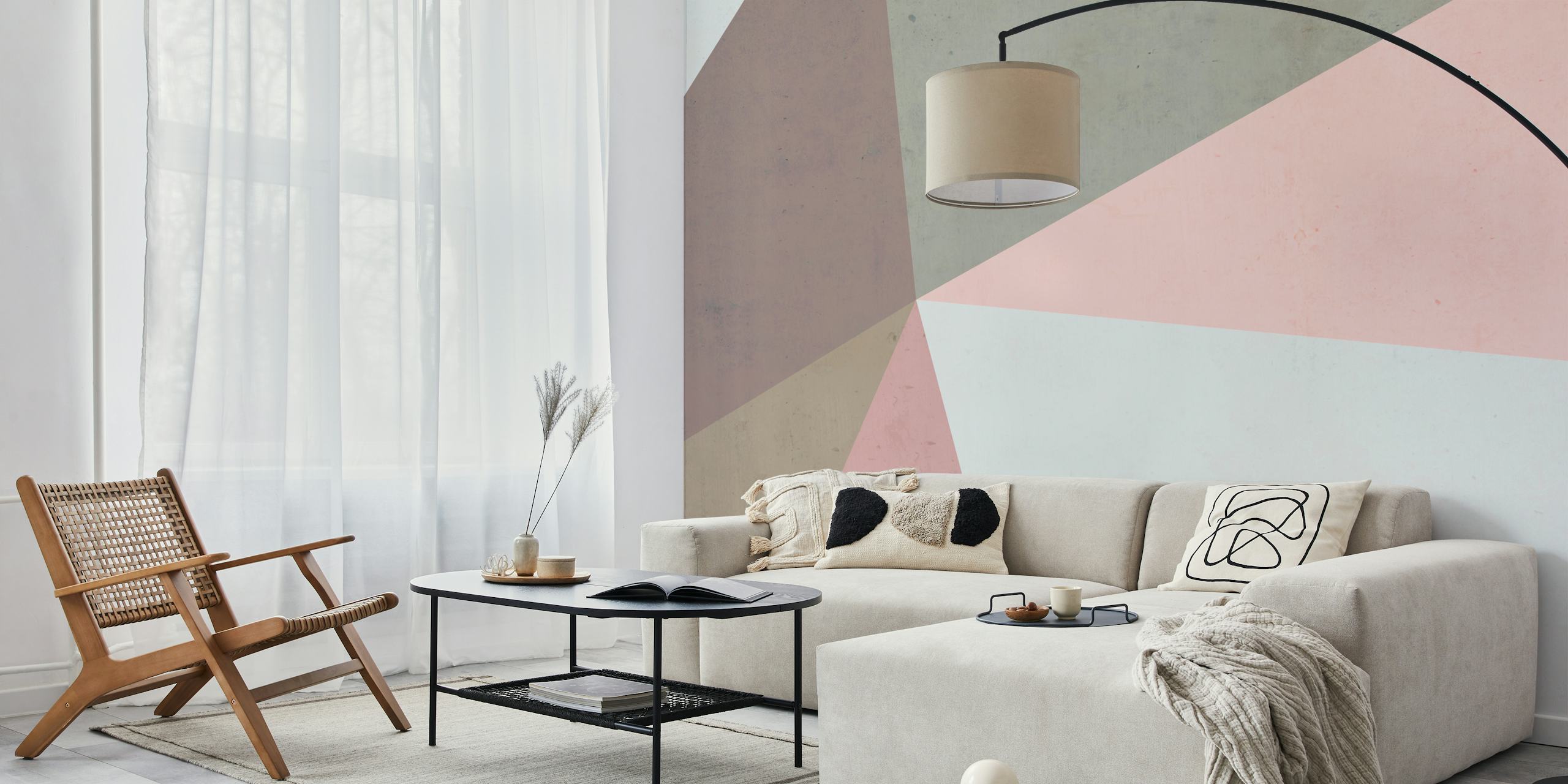 Mural de parede geométrico abstrato em rosa pastel, bege e branco de happywall.com