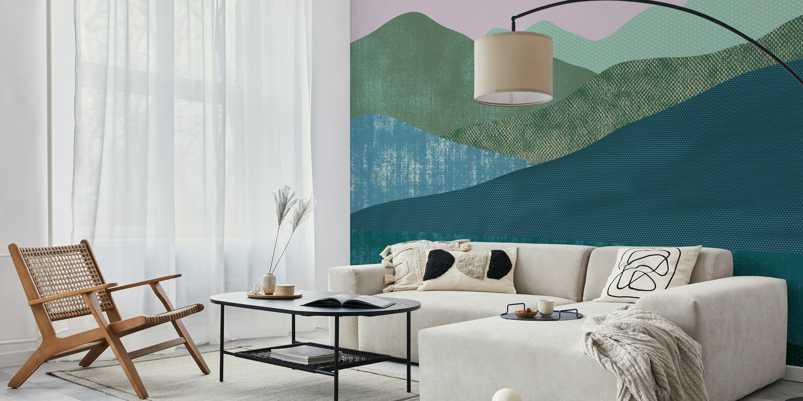 Abstract mountain and river wall mural in soothing colors