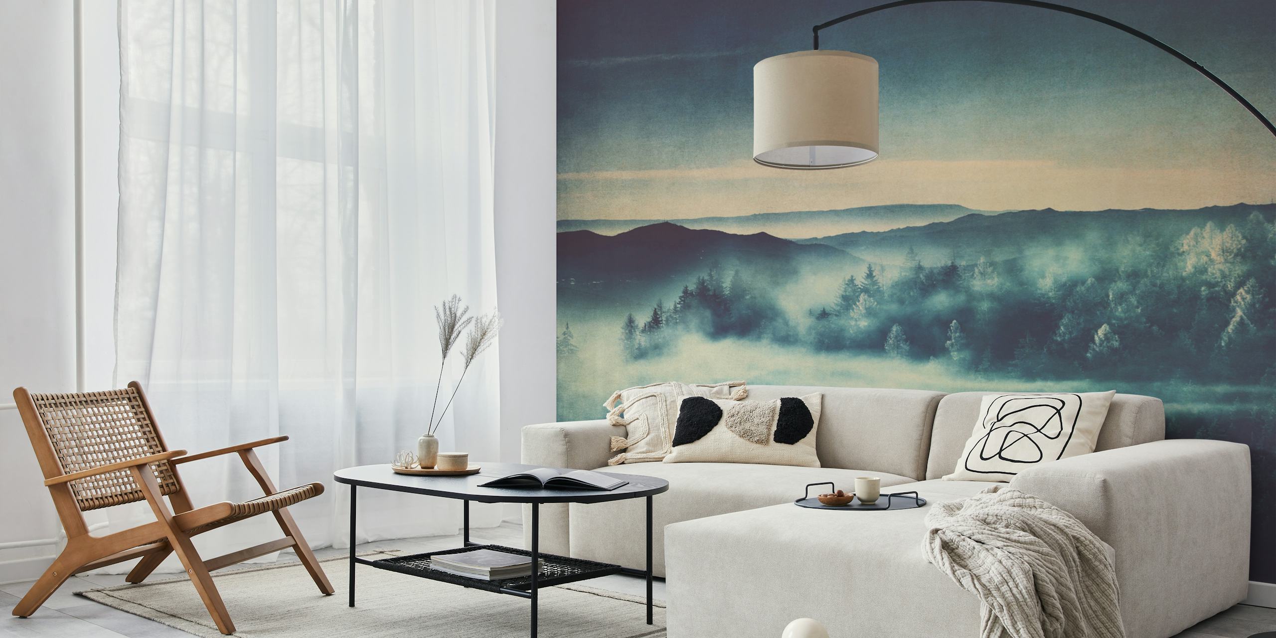Mountain Fog and Pine Forest wallpaper in a room