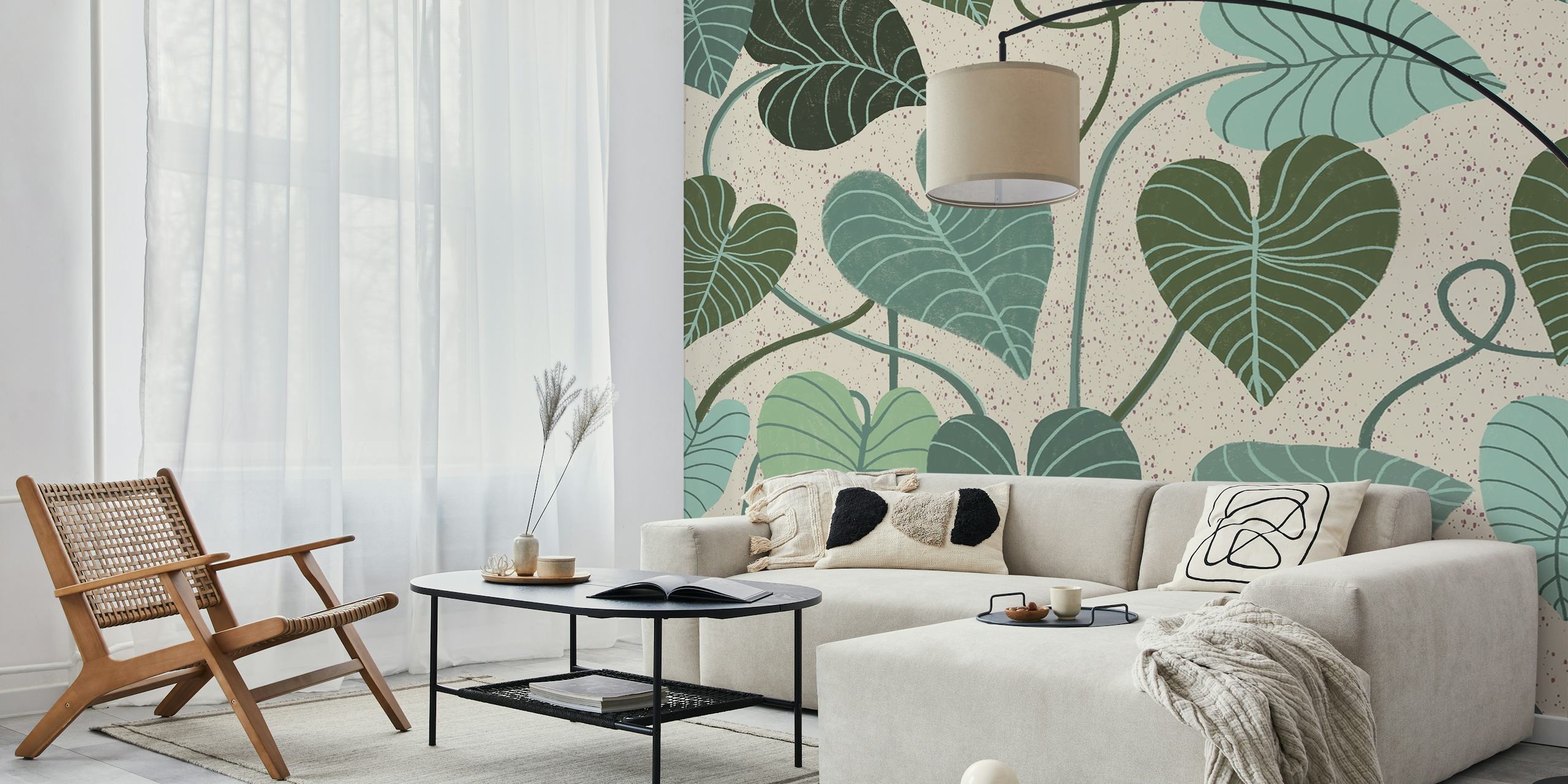 Tropical leaf pattern wallpaper in green and blue tones