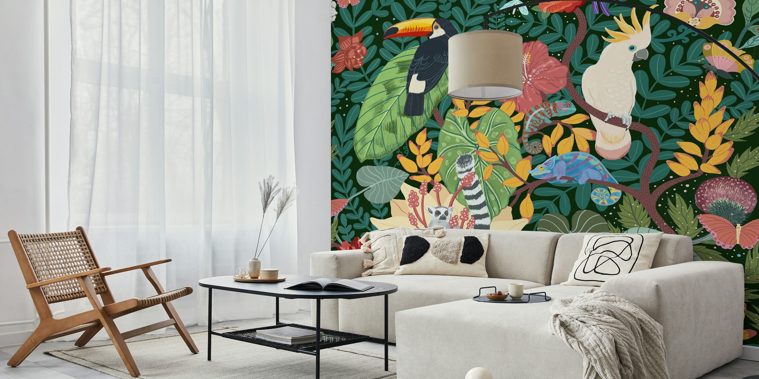 Tropical jungle scene with toucan, parrot, and flowers wallpaper