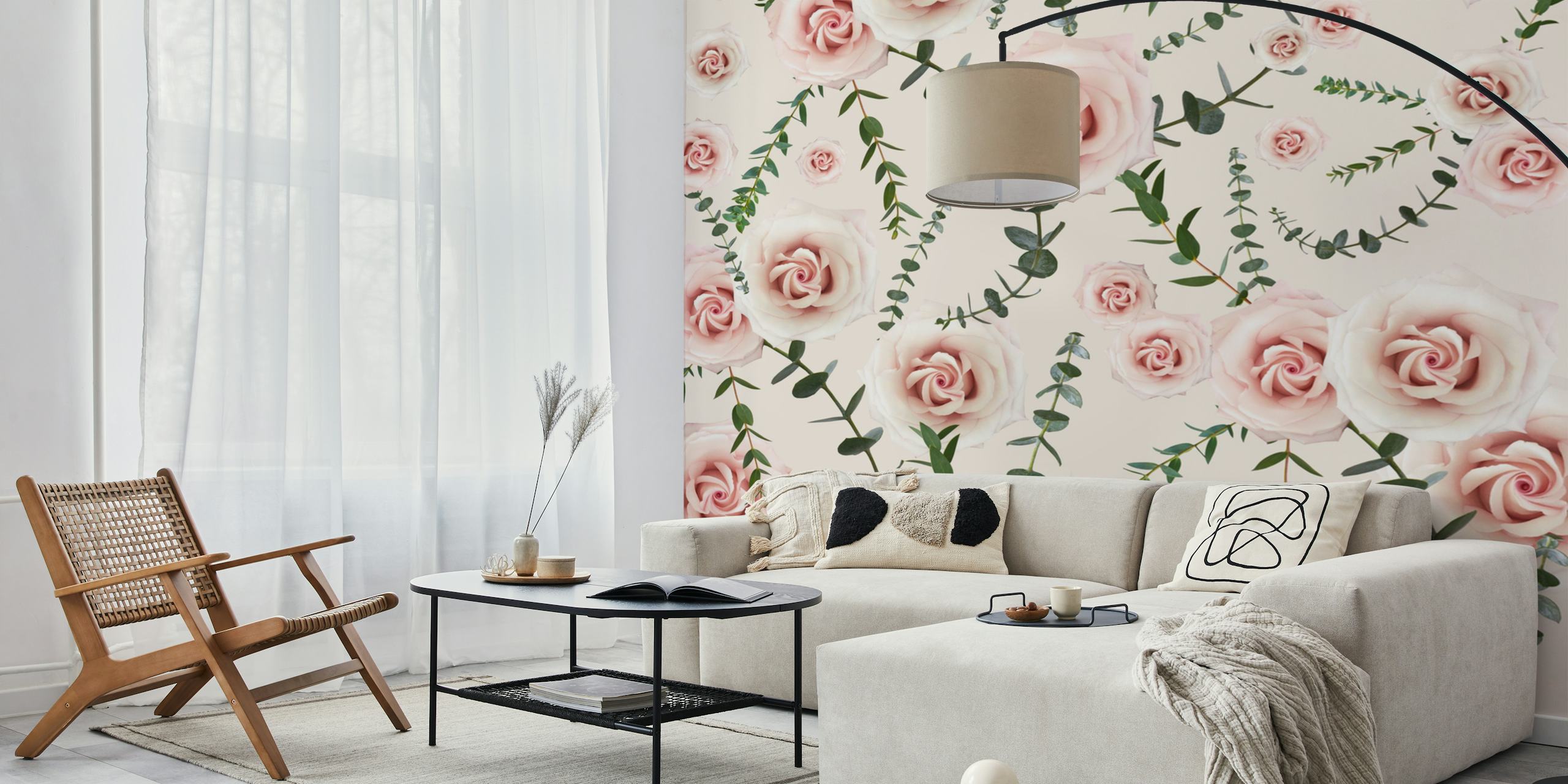 Pink roses and eucalyptus branches pattern wallpaper