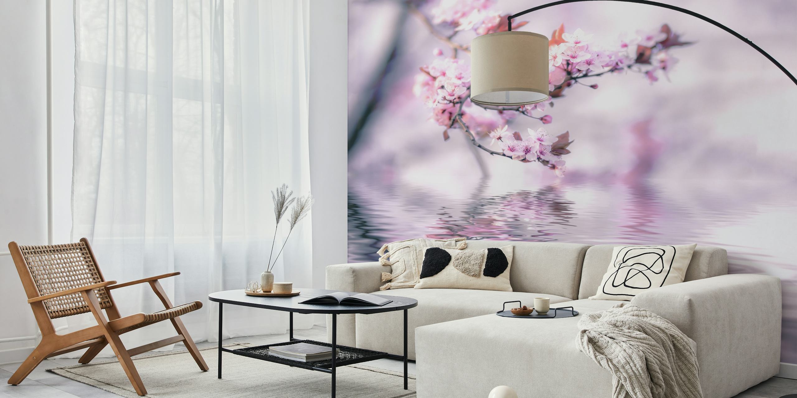 Pink cherry blossoms reflected on water wallpaper