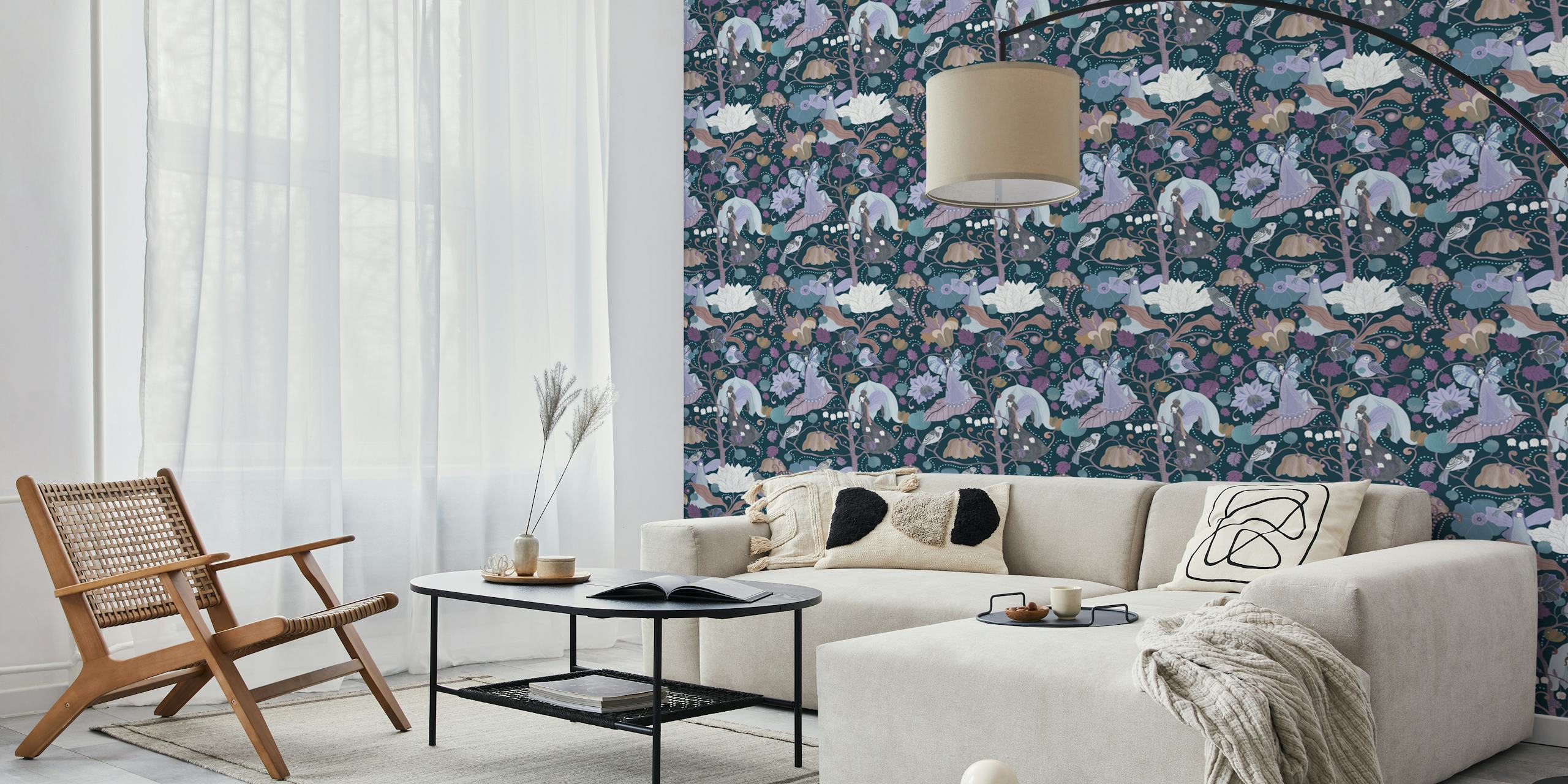 Colorful floral pattern in purple, blue, and cream wallpaper