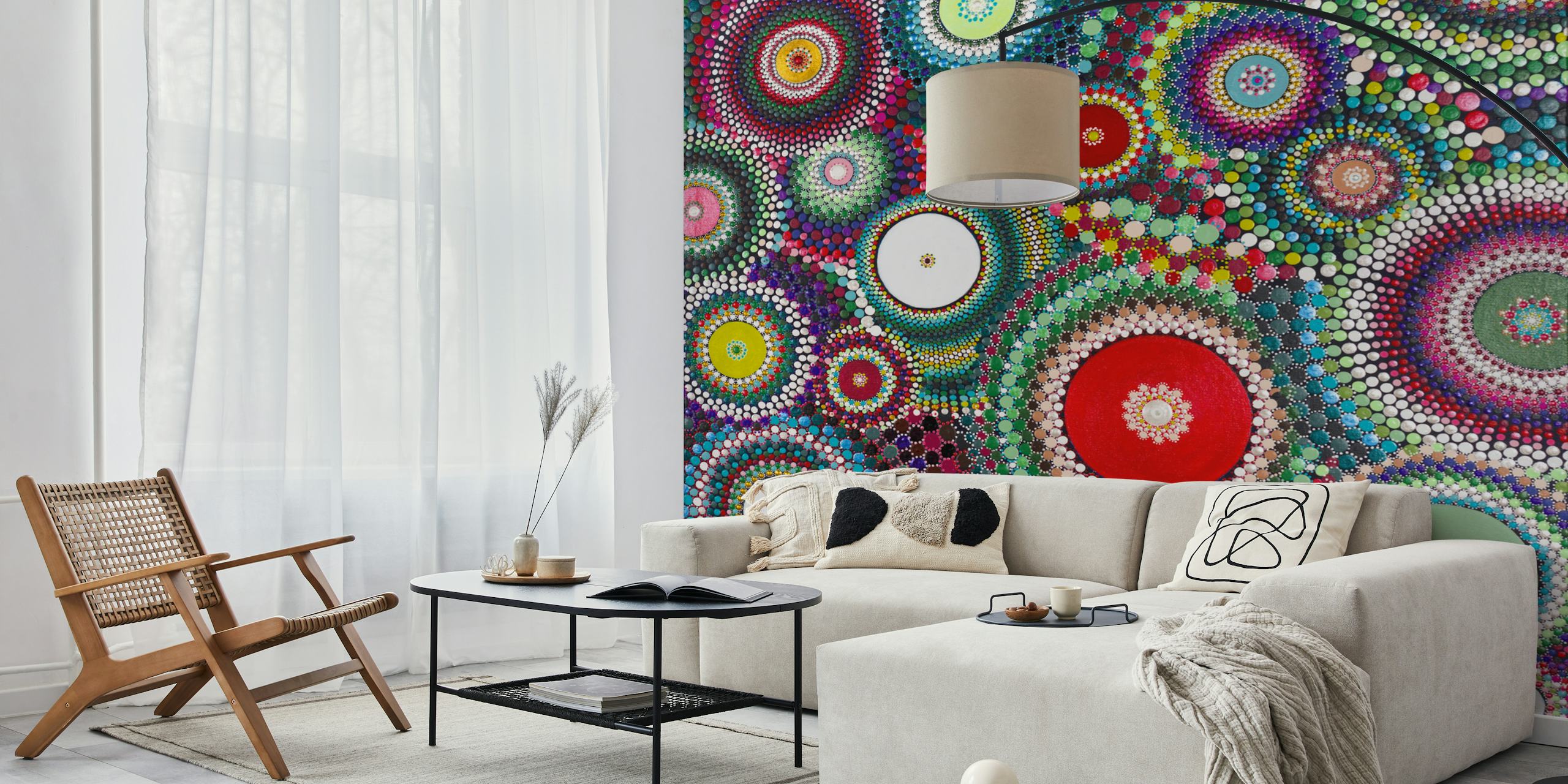 Colorful abstract wall mural design featuring vibrant patterns inspired by Pohutukawa tree blossoms