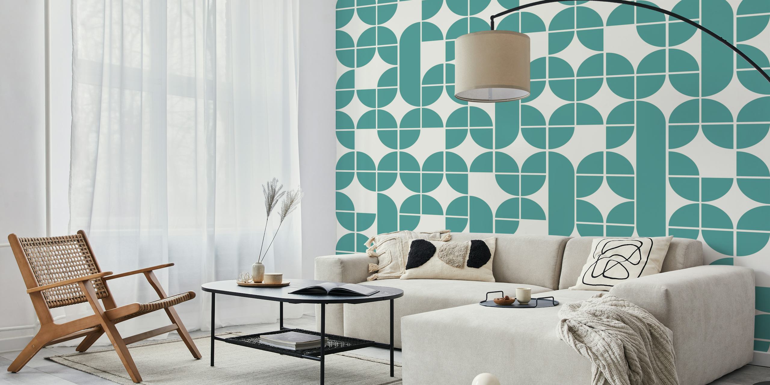 Tapeta Mid Century Pattern Cyan w pokoju