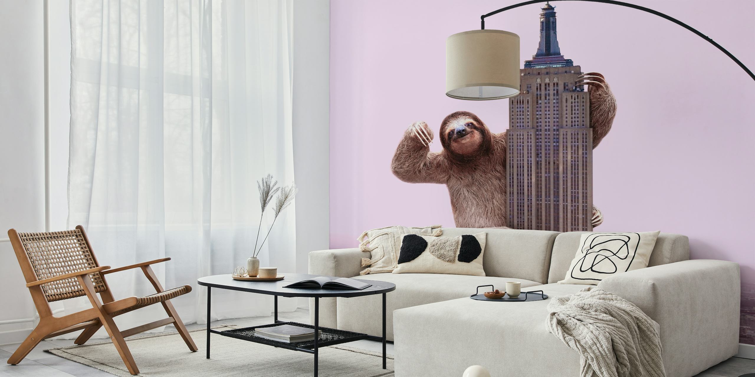 King Sloth wall mural with a sloth perched on a skyscraper