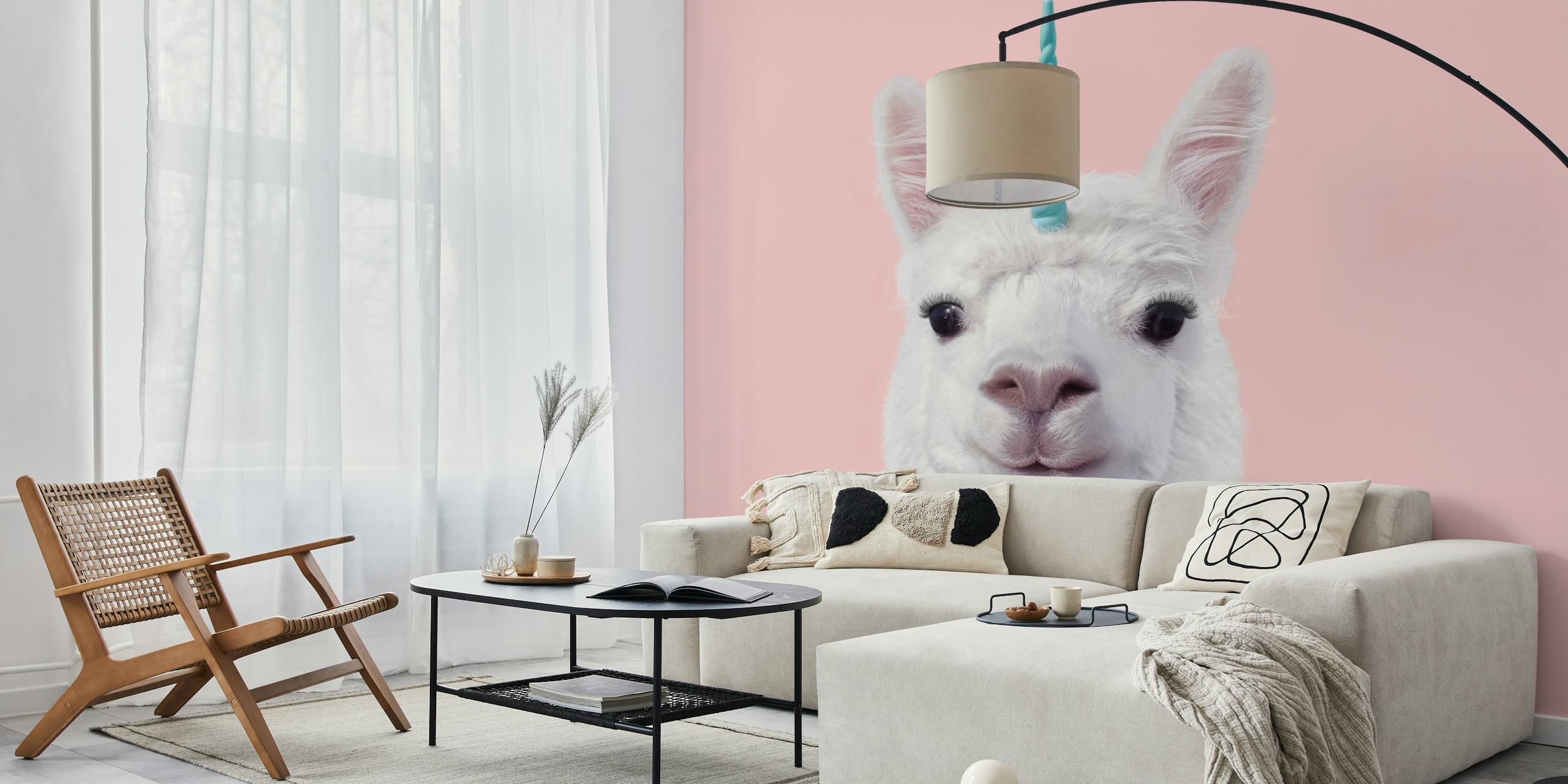 Unicorn alpaca with a teal horn on pink background wallpaper