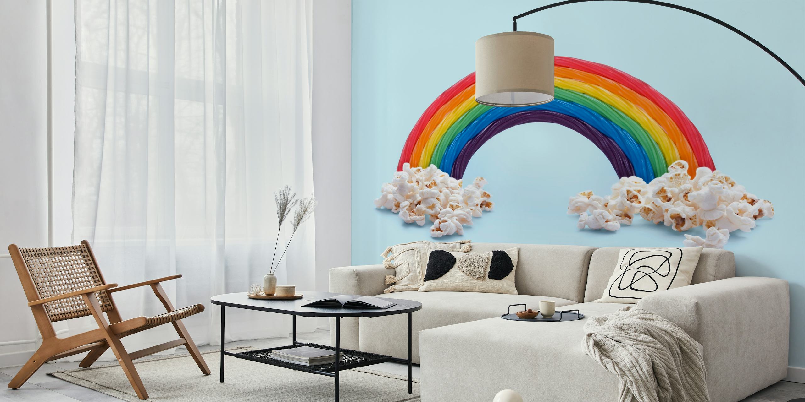 Rainbow design with colorful stripes and popcorn elements wallpaper