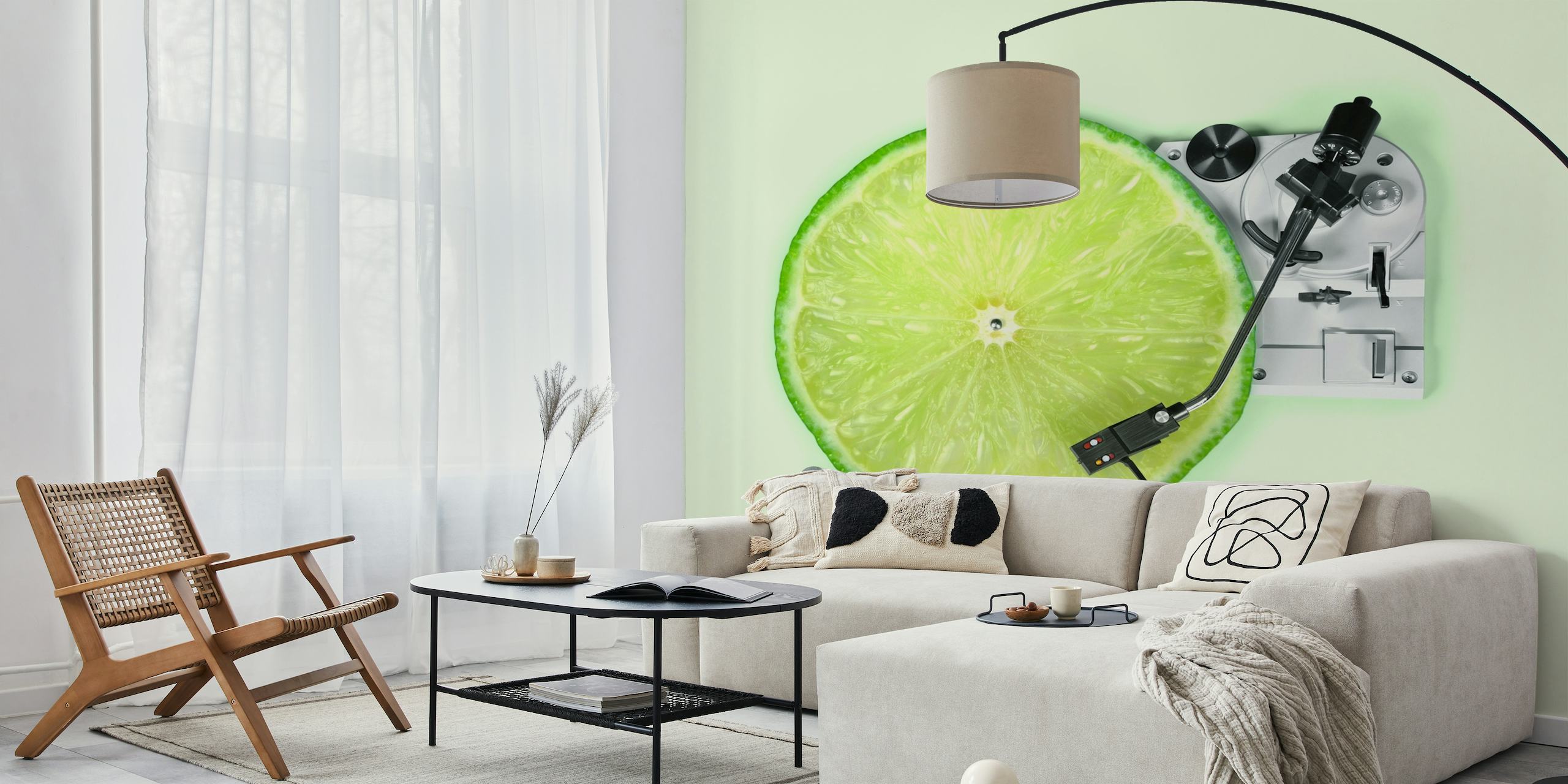 Fetta di limone che ricorda un disco in vinile su un murale con sfondo verde pastello