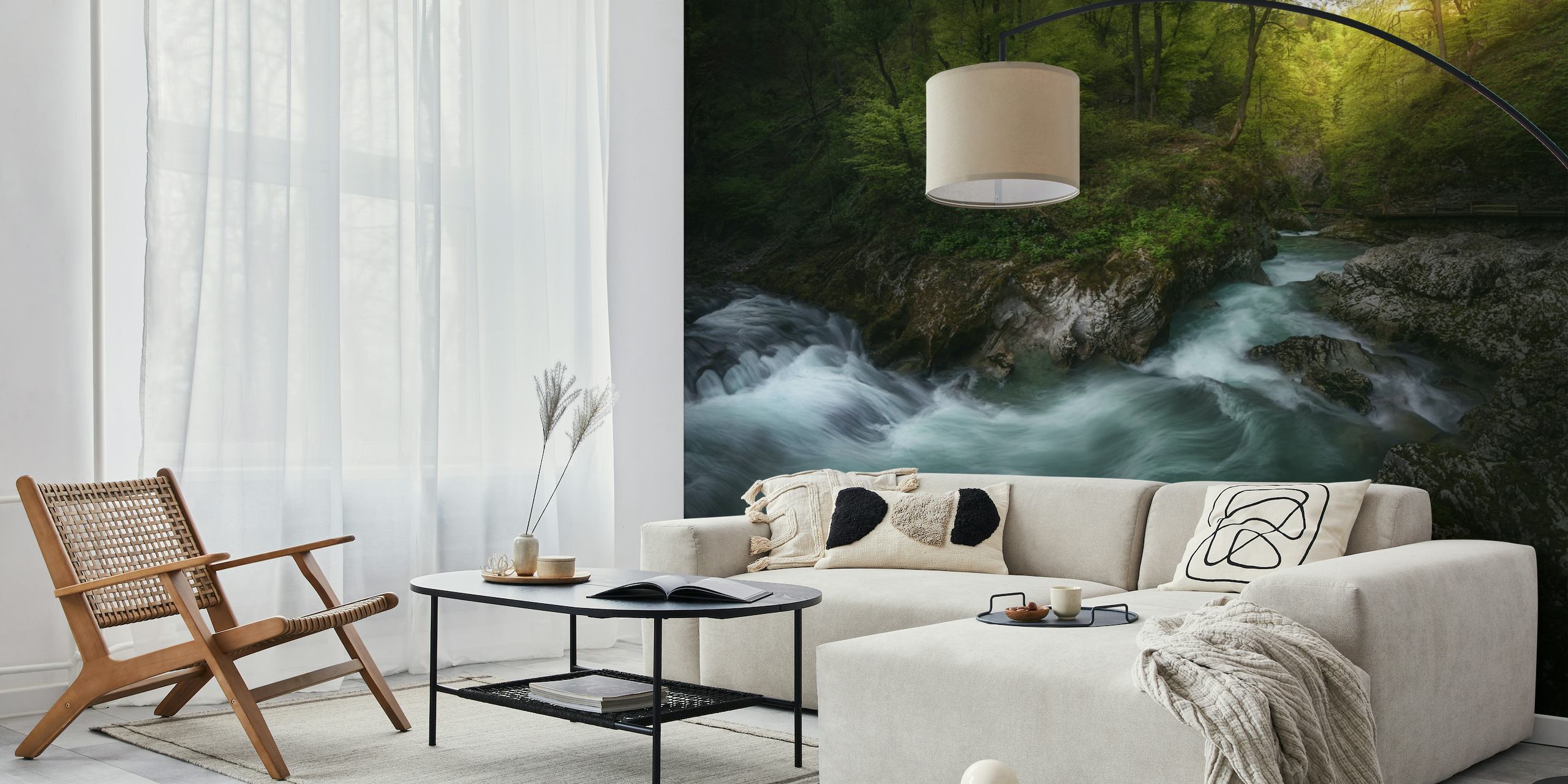 Tranquil river gorge with rushing water surrounded by greenery and soft light wall mural