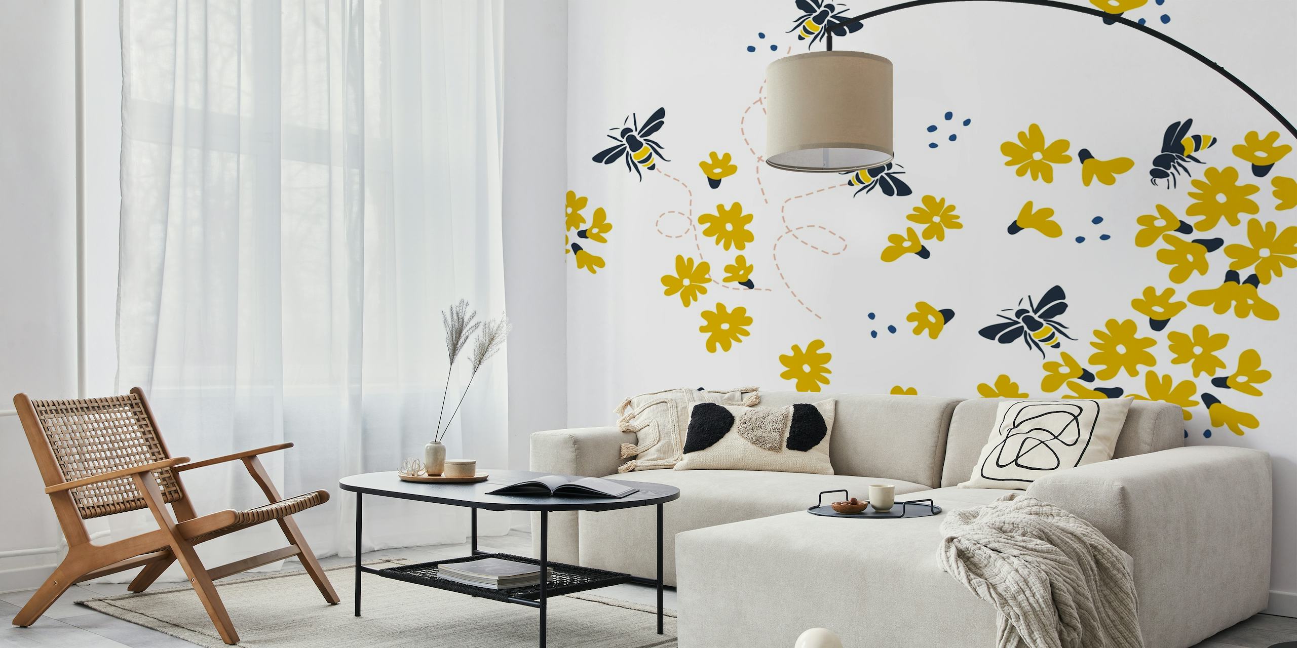 Millefleurs with bees white wallpaper