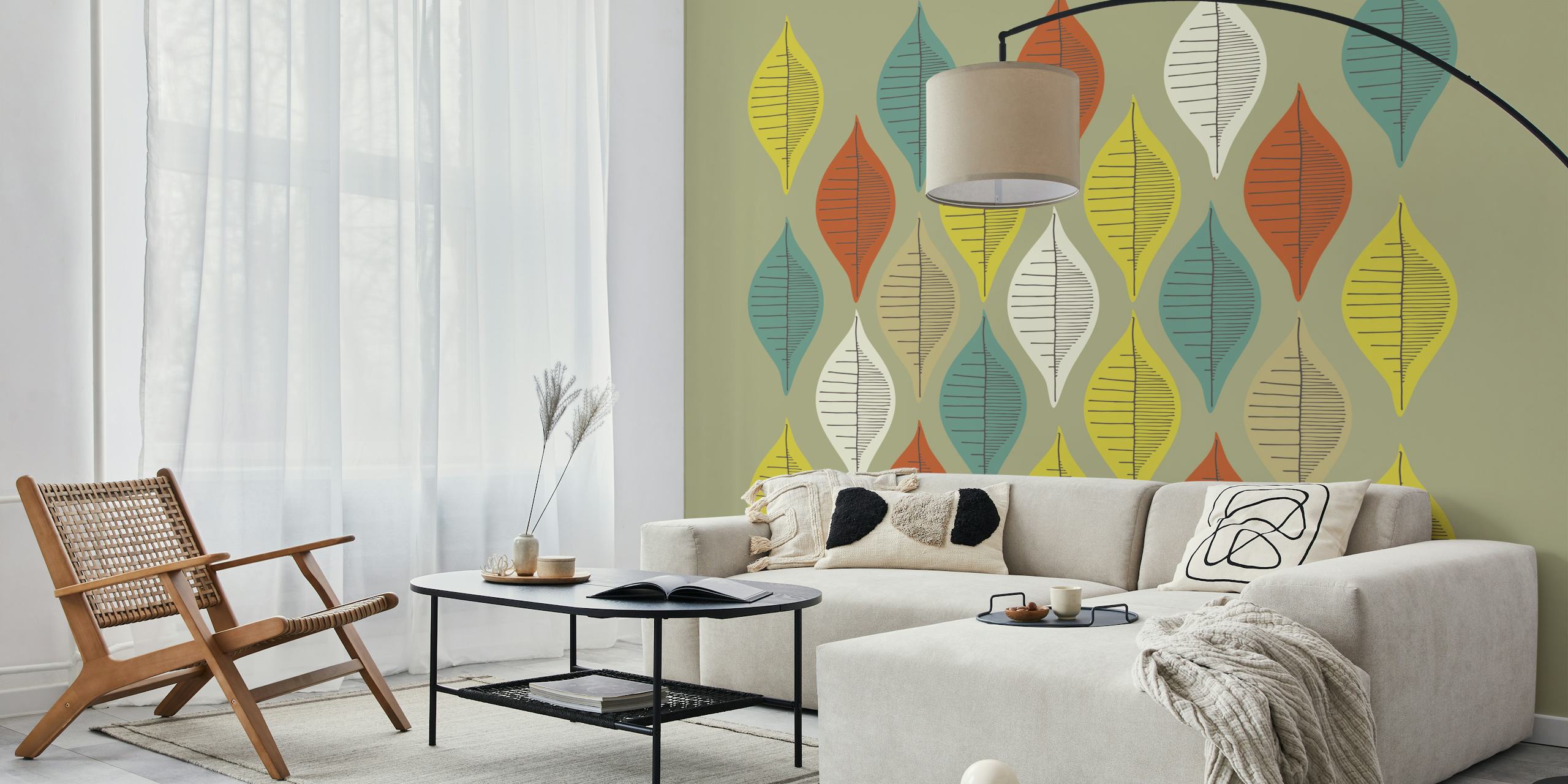 Colorful leaf pattern in greens, yellows, and reds wallpaper