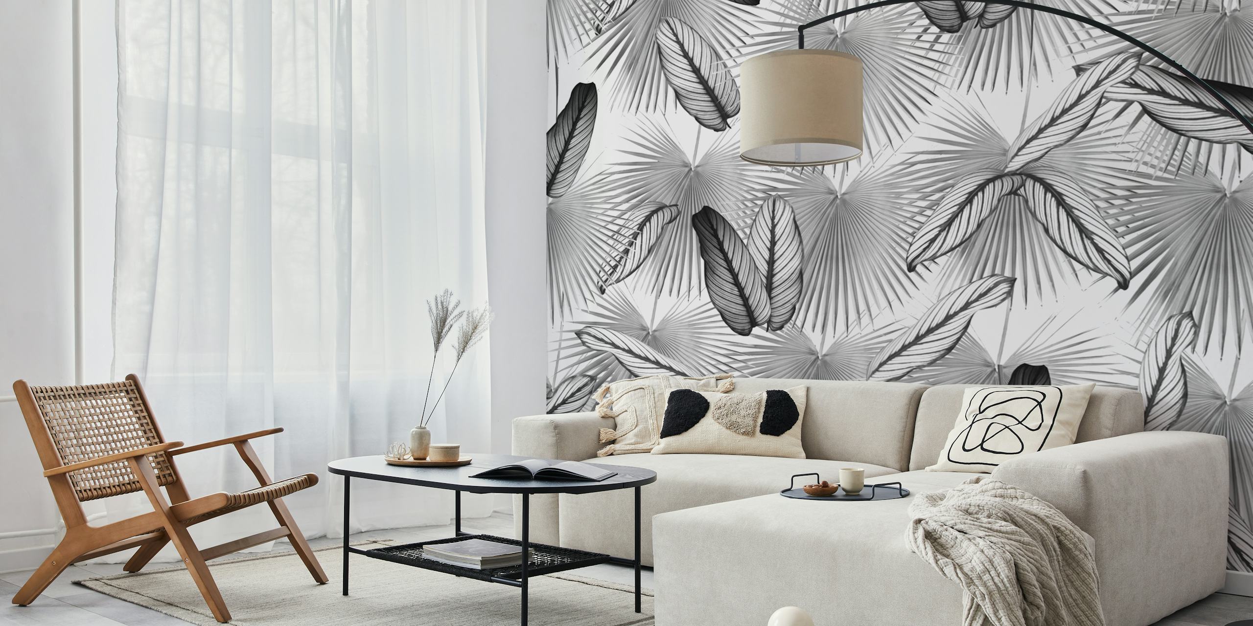 Calathea Fan Palm Leaves wall mural in monochrome