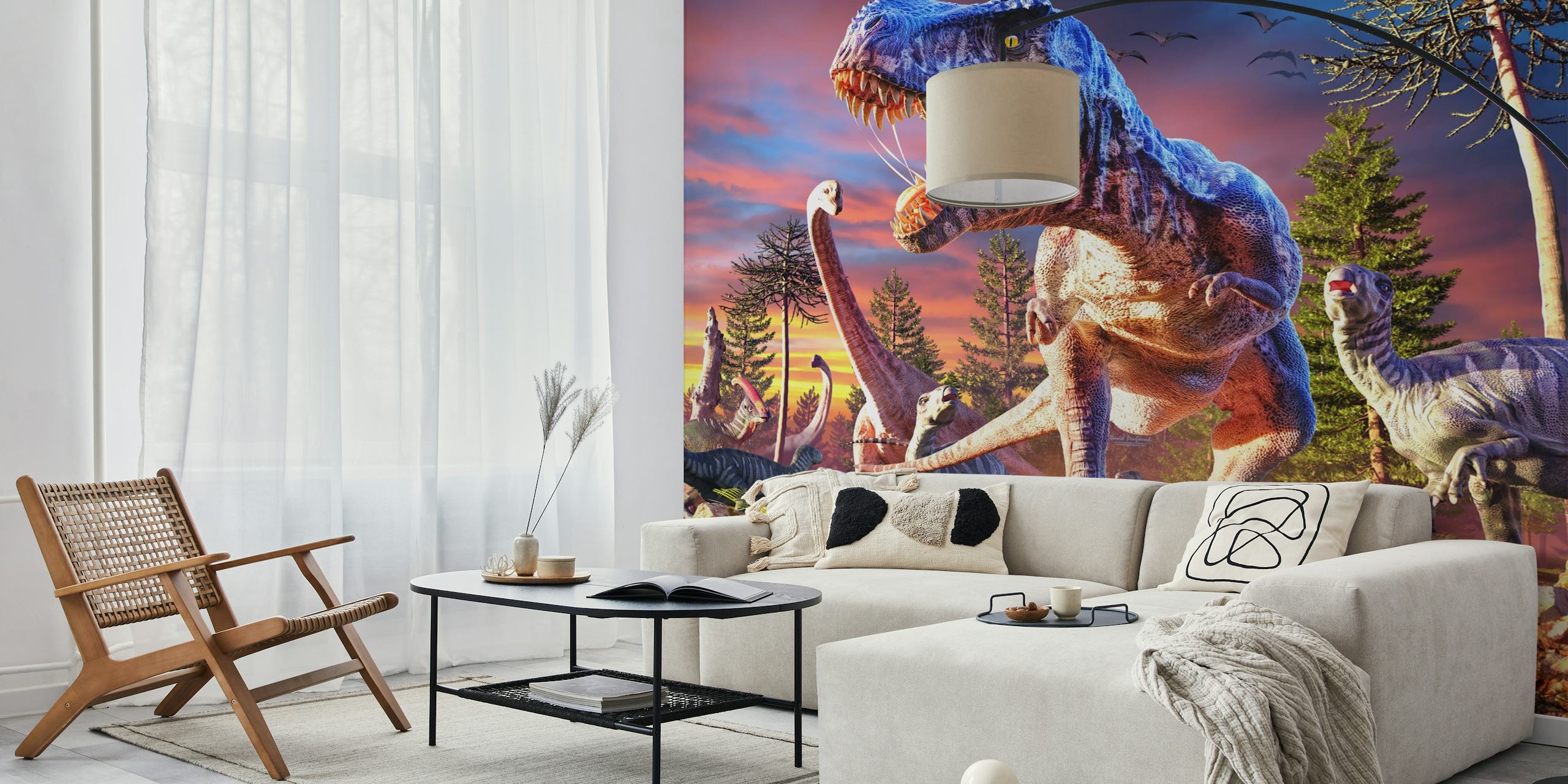 Dinosaur scene with T-Rex and other dinosaurs in vibrant colors wallpaper