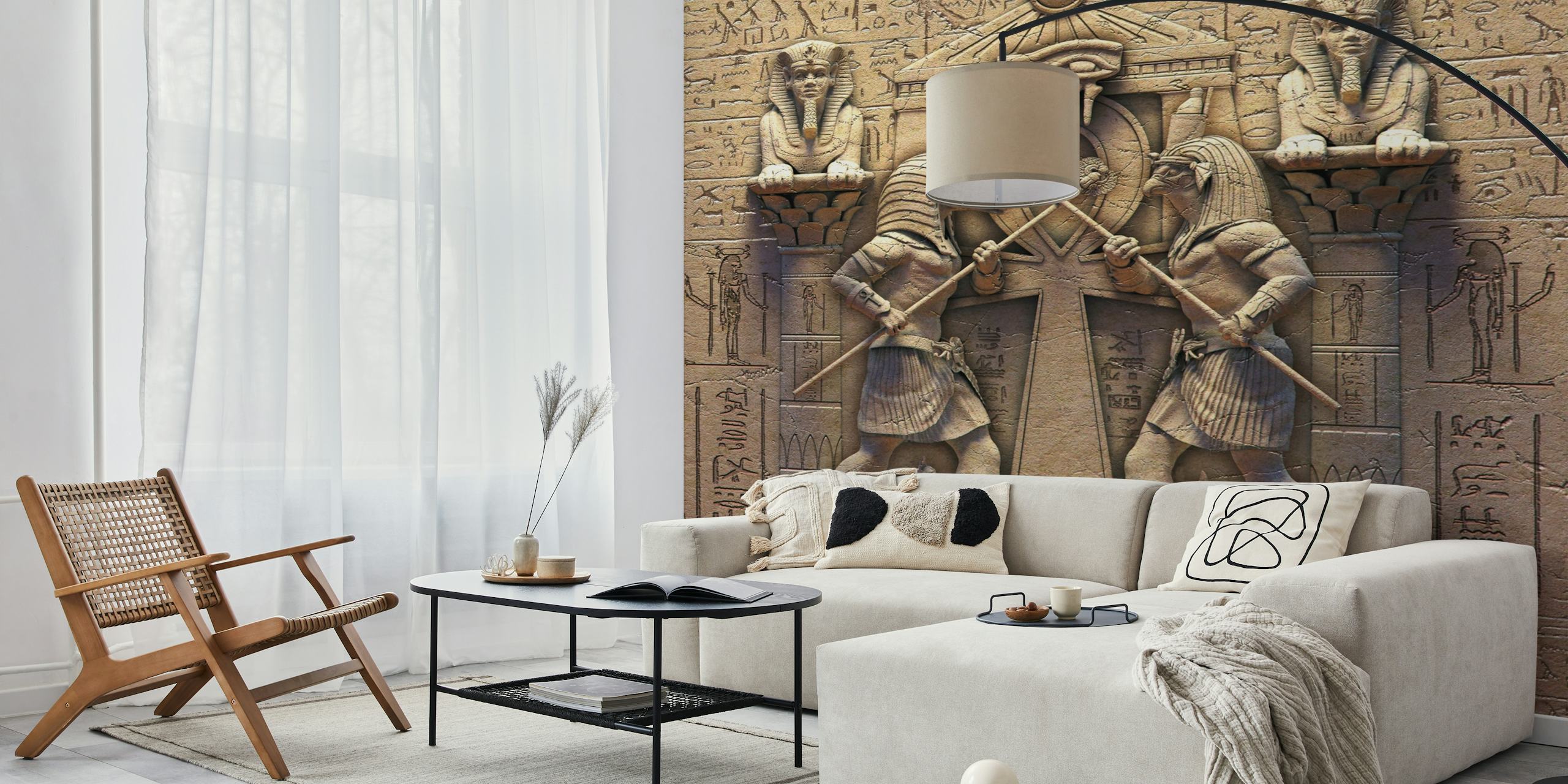 Egyptian gods with hieroglyphs and stone texture wallpaper