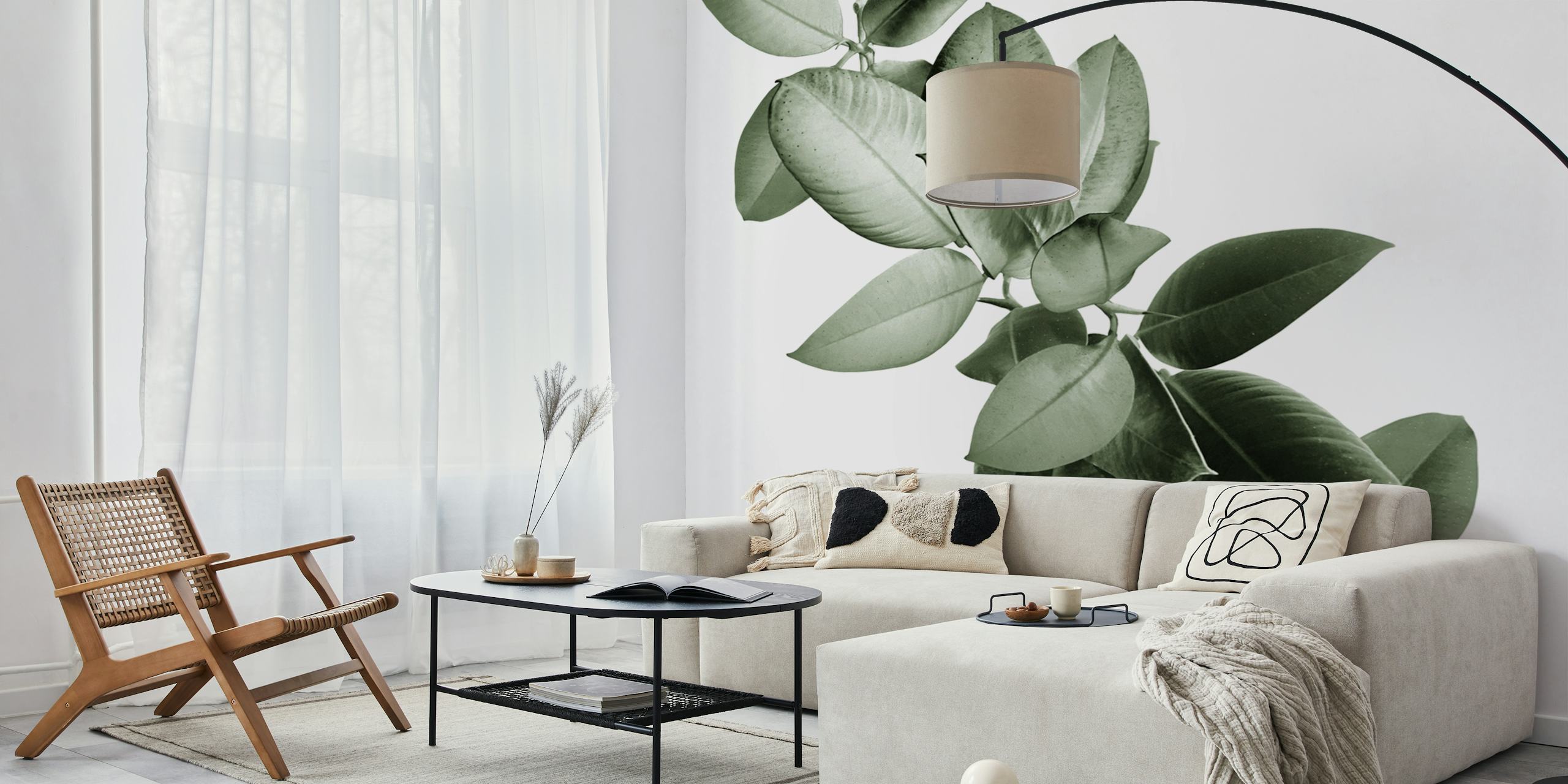Green leafy branch design wallpaper in black and white style